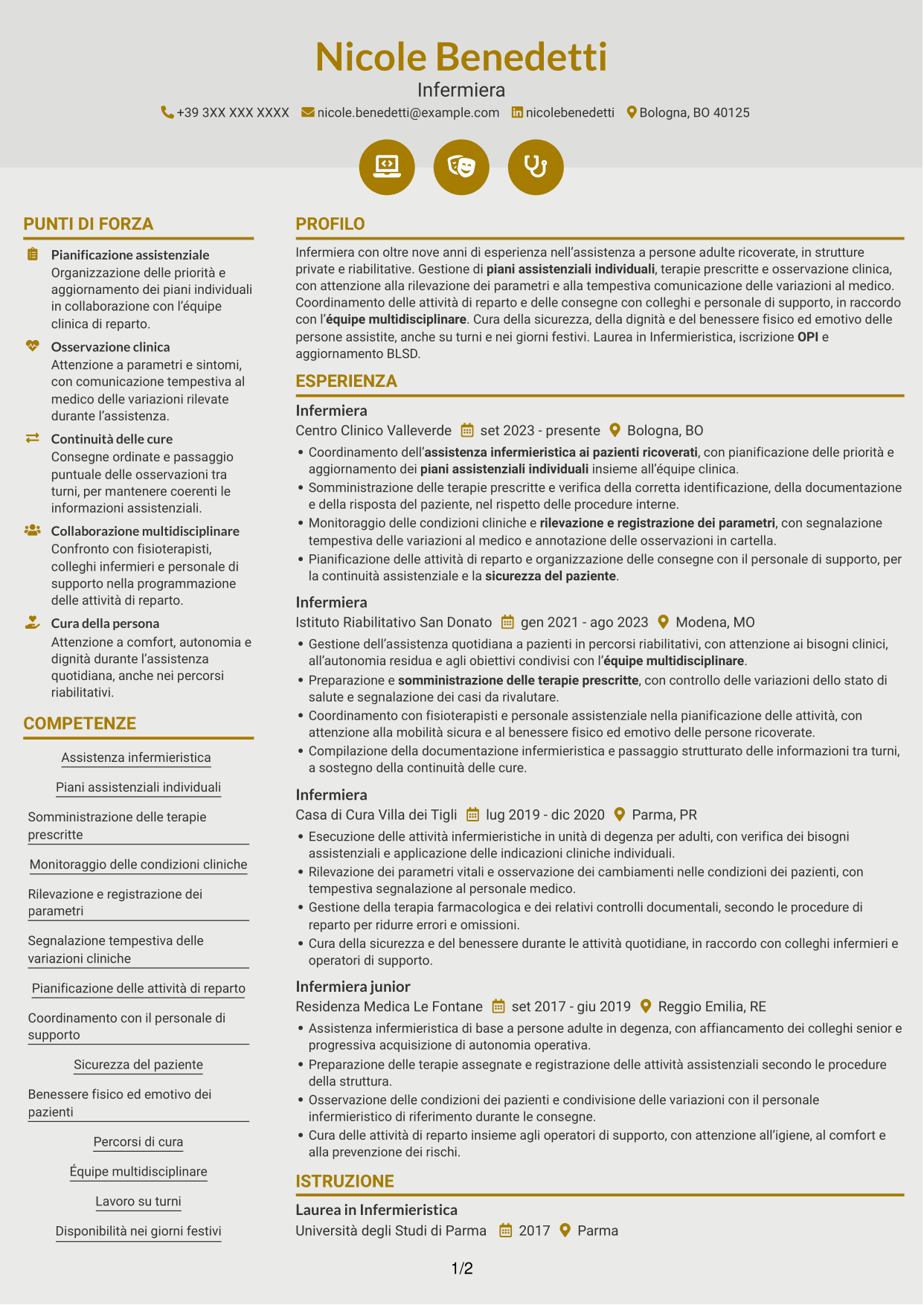 CV Dinamico (formato a due colonne con icone): Infermiere - Assistenza clinica, pagina 1