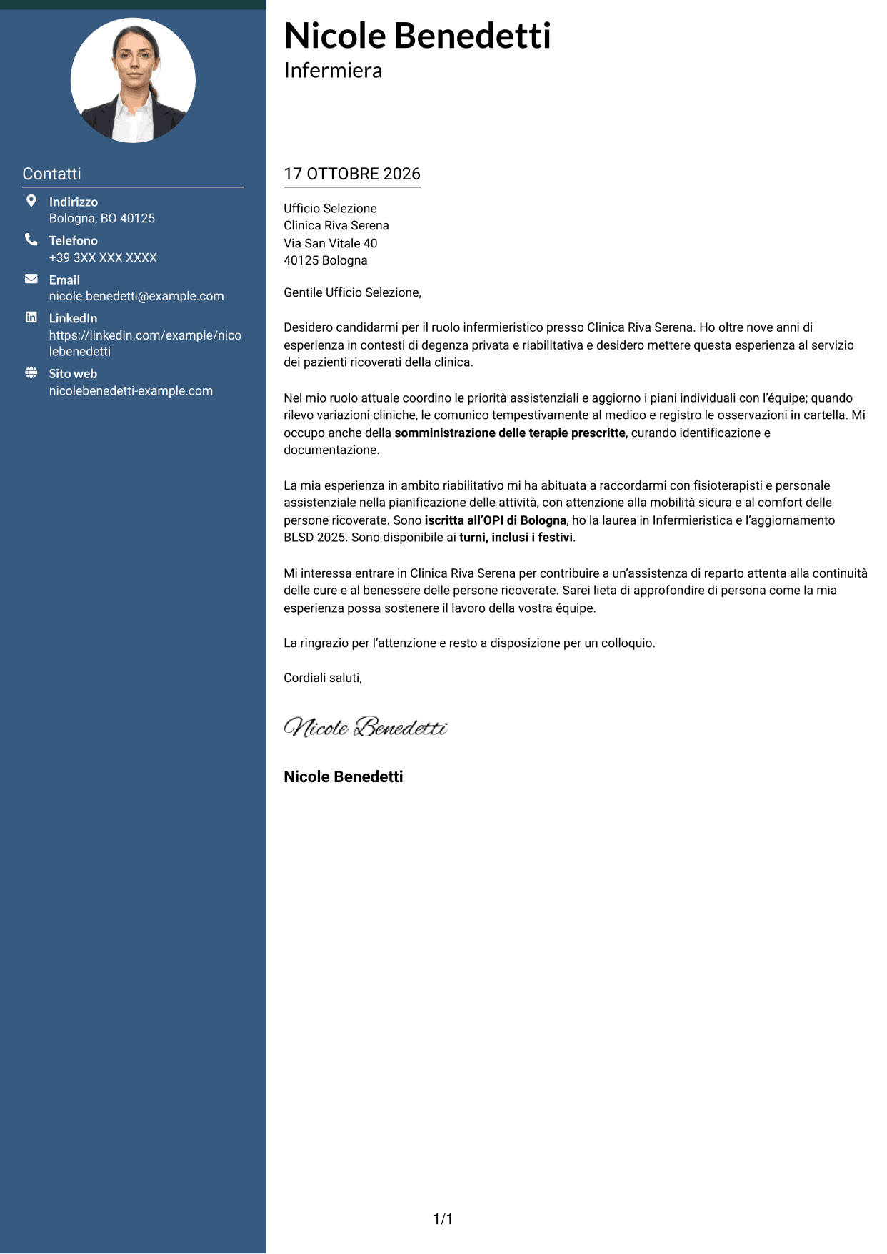 Lettera di presentazione Elegante (formato con colonna laterale colorata e foto): Infermiere - Assistenza clinica, pagina 1