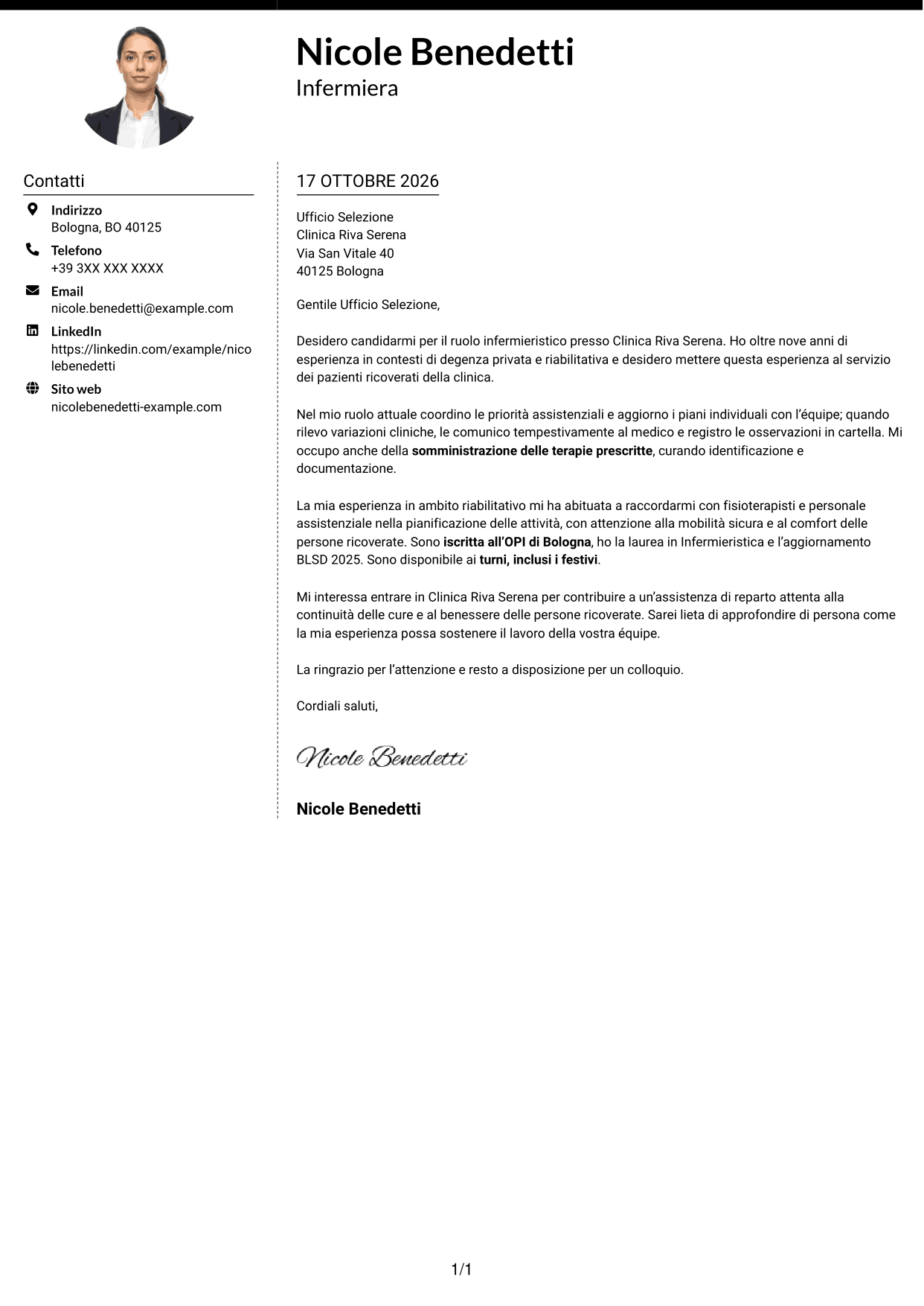 Lettera di presentazione Moderno (formato a due colonne con foto a sinistra e separatore): Infermiere - Assistenza clinica, pagina 1