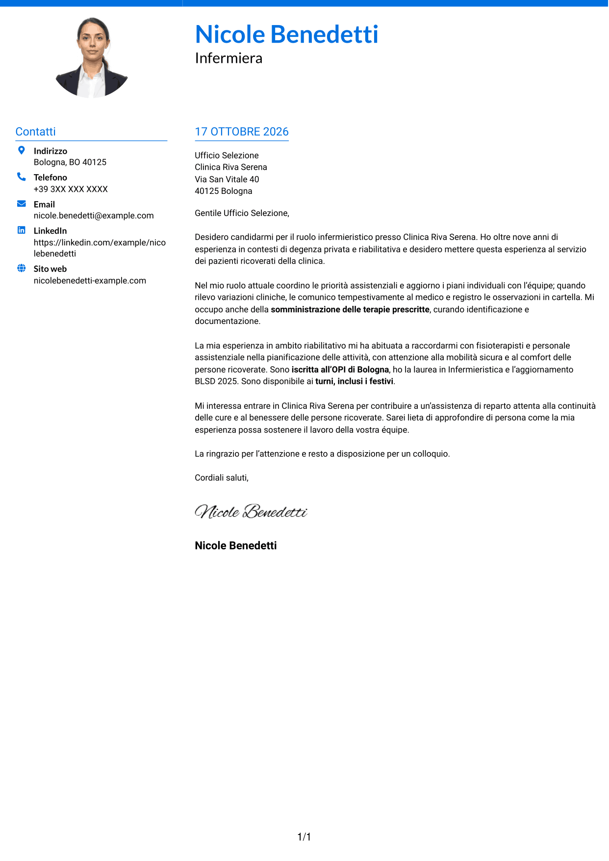 Lettera di presentazione Audace (formato a due colonne con accenti colorati e foto): Infermiere - Assistenza clinica, pagina 1