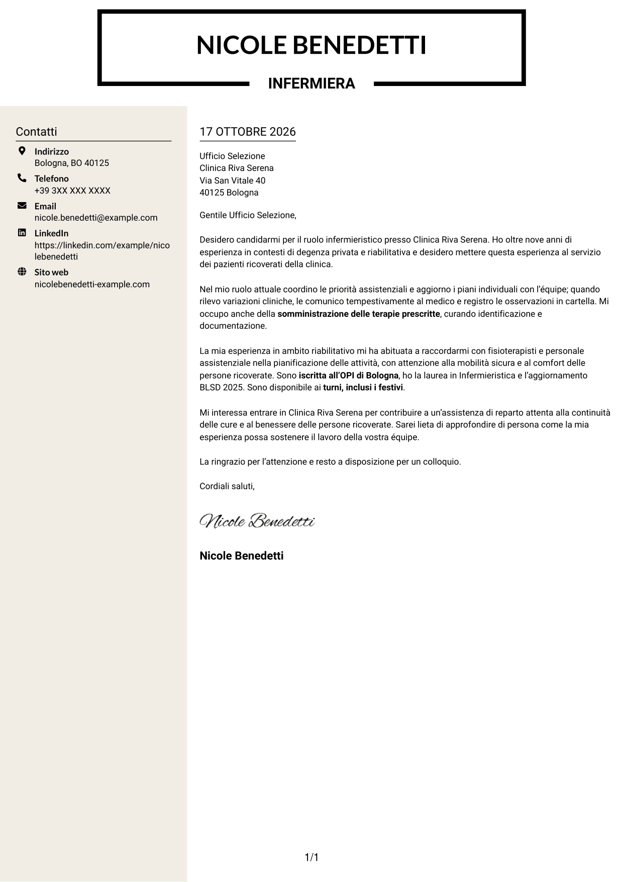 Lettera di presentazione Intraprendente (formato a due colonne con intestazione centrata senza foto): Infermiere - Assistenza clinica, pagina 1