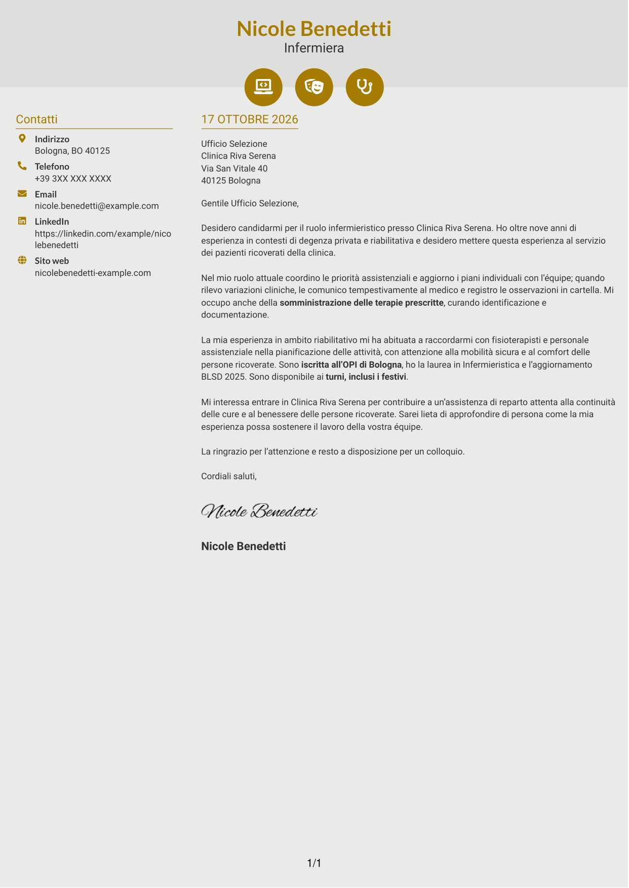 Lettera di presentazione Dinamico (formato a due colonne con icone): Infermiere - Assistenza clinica, pagina 1