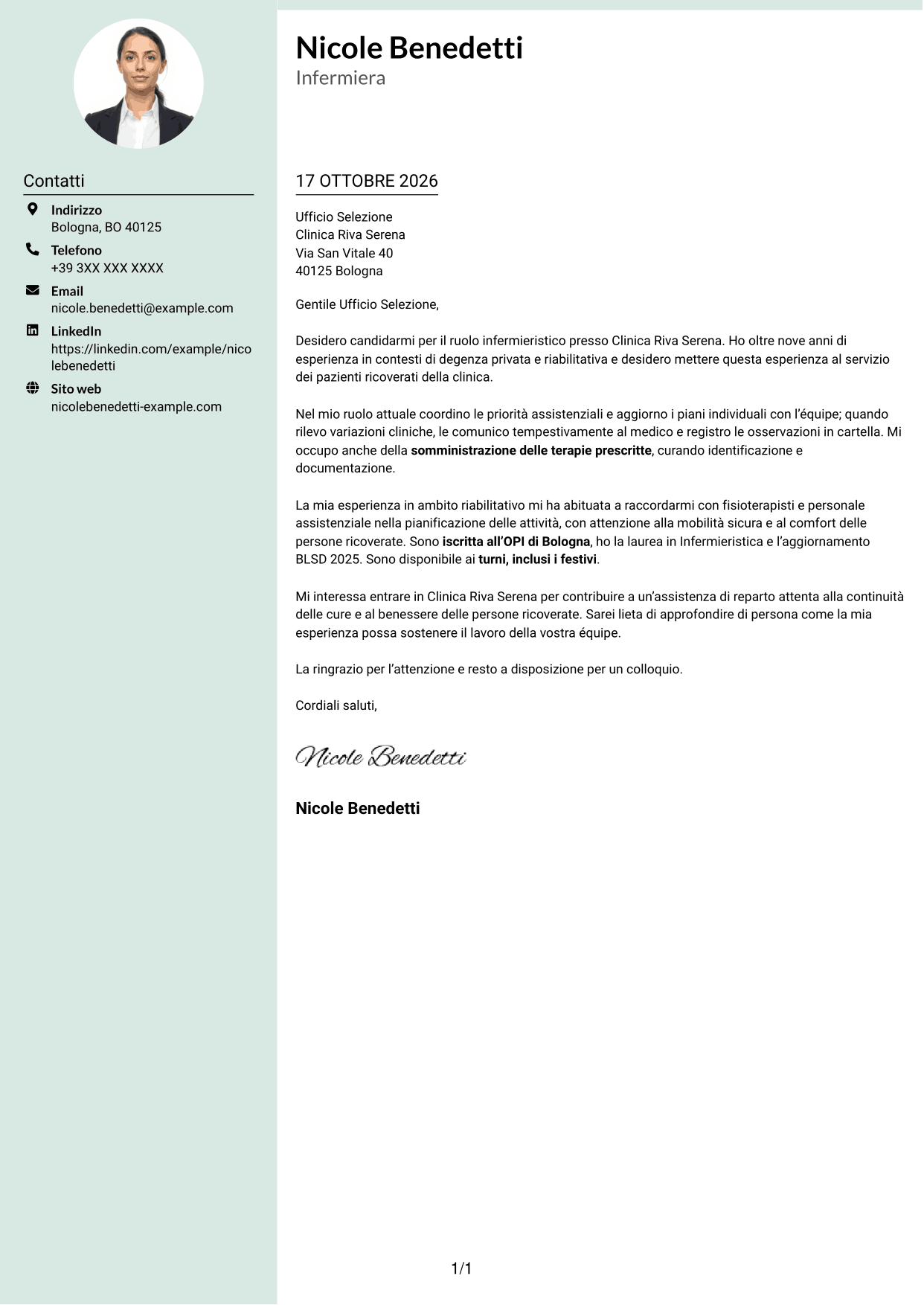 Lettera di presentazione Dirigente (formato con colonna laterale tenue e foto arrotondata): Infermiere - Assistenza clinica, pagina 1