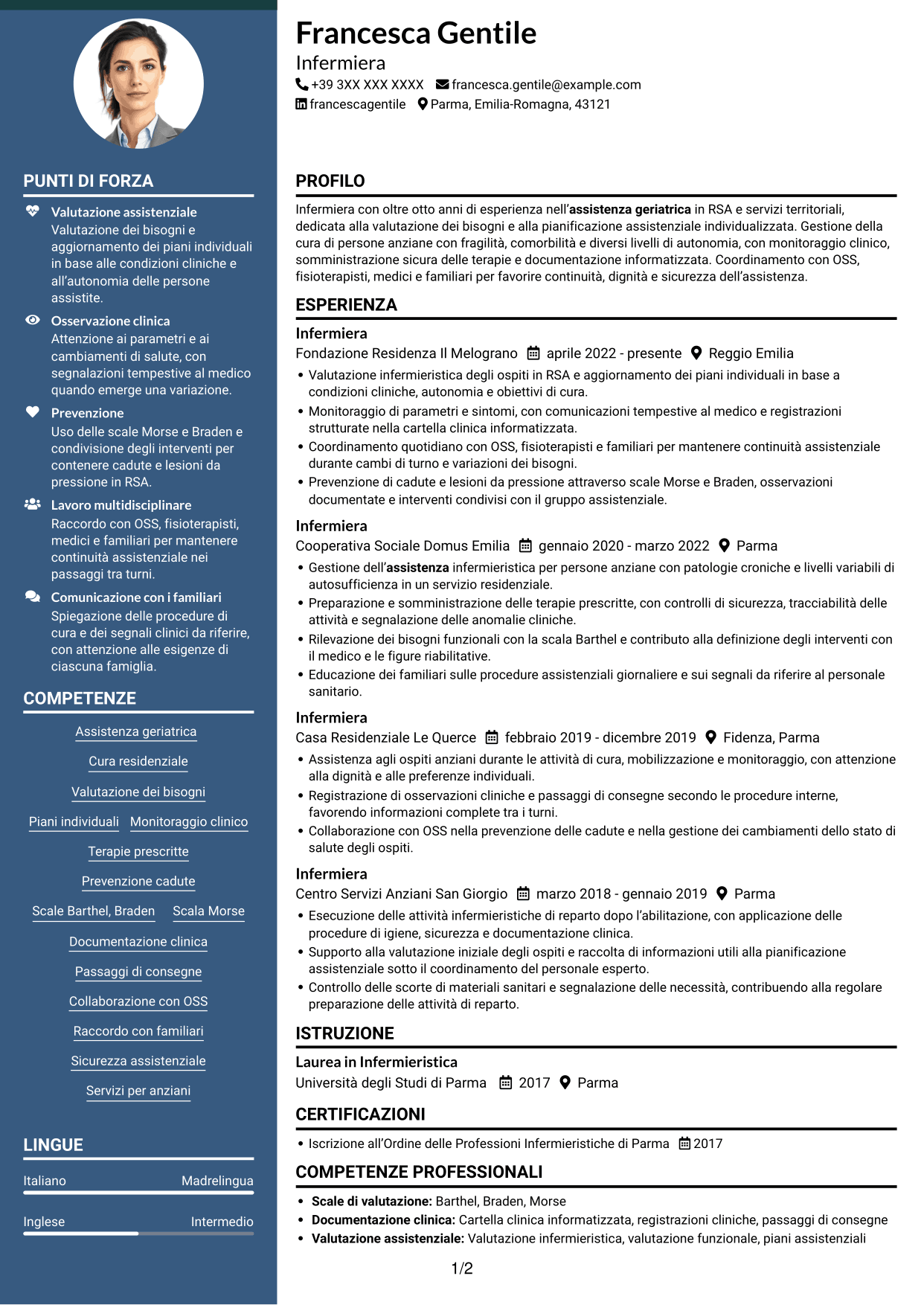 CV Elegante (formato con colonna laterale colorata e foto): Infermiere - Assistenza geriatrica, pagina 1