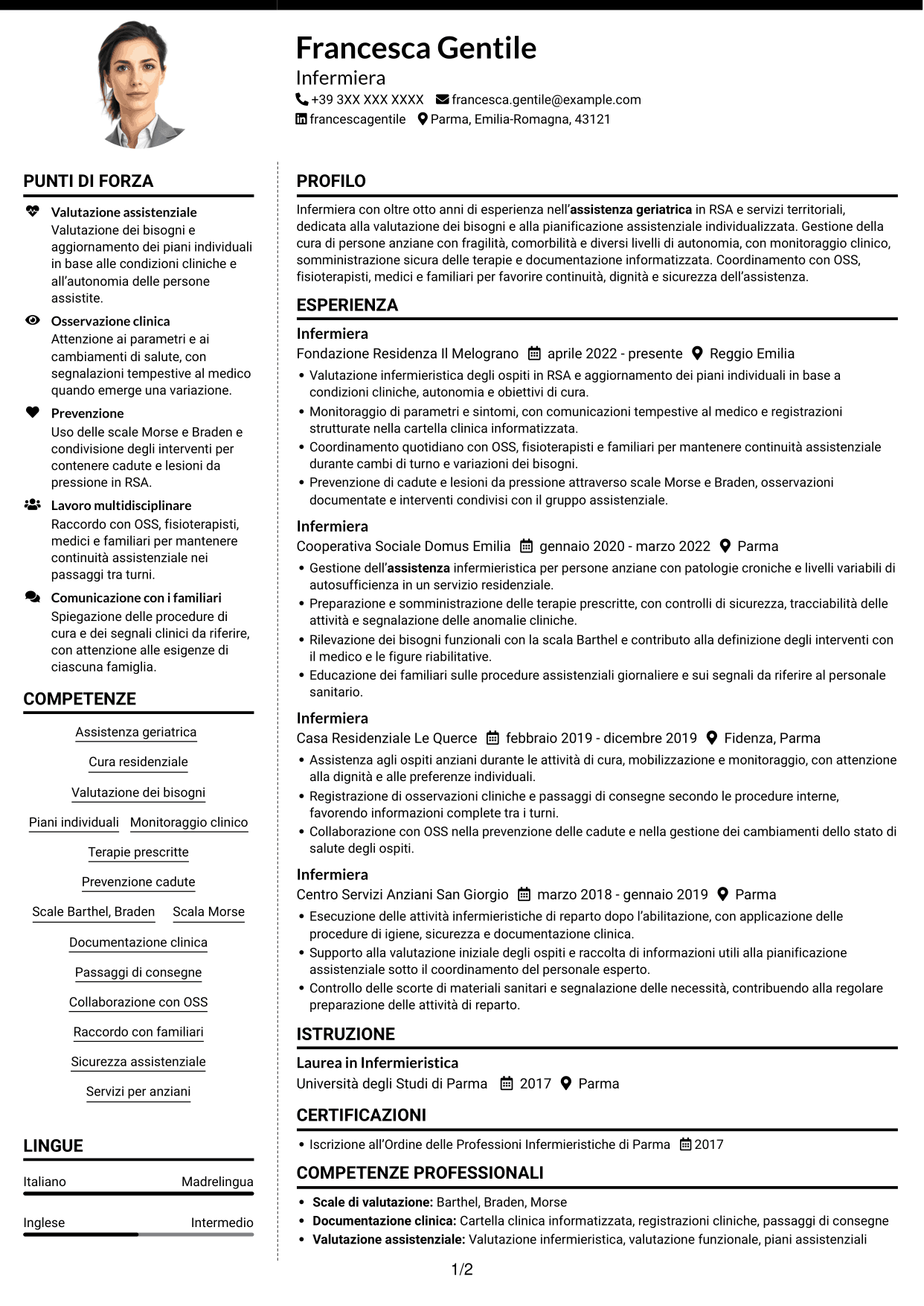 CV Moderno (formato a due colonne con foto a sinistra e separatore): Infermiere - Assistenza geriatrica, pagina 1