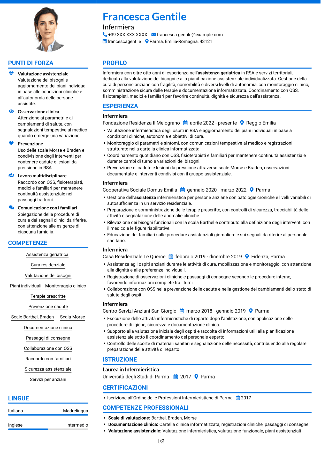 CV Audace (formato a due colonne con accenti colorati e foto): Infermiere - Assistenza geriatrica, pagina 1