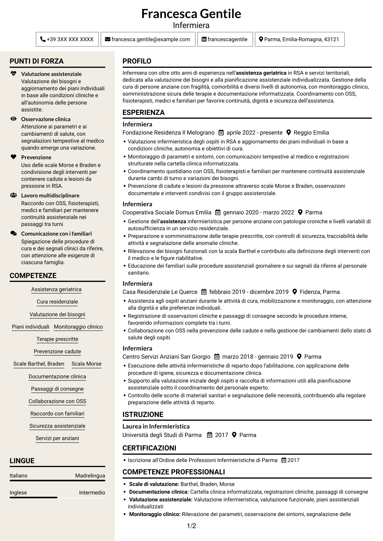 CV Intraprendente (formato a due colonne con intestazione centrata senza foto): Infermiere - Assistenza geriatrica, pagina 1
