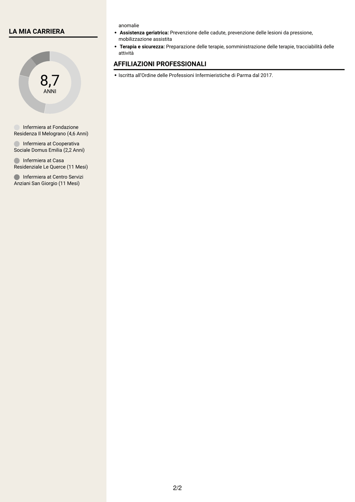 CV Intraprendente (formato a due colonne con intestazione centrata senza foto): Infermiere - Assistenza geriatrica, pagina 2