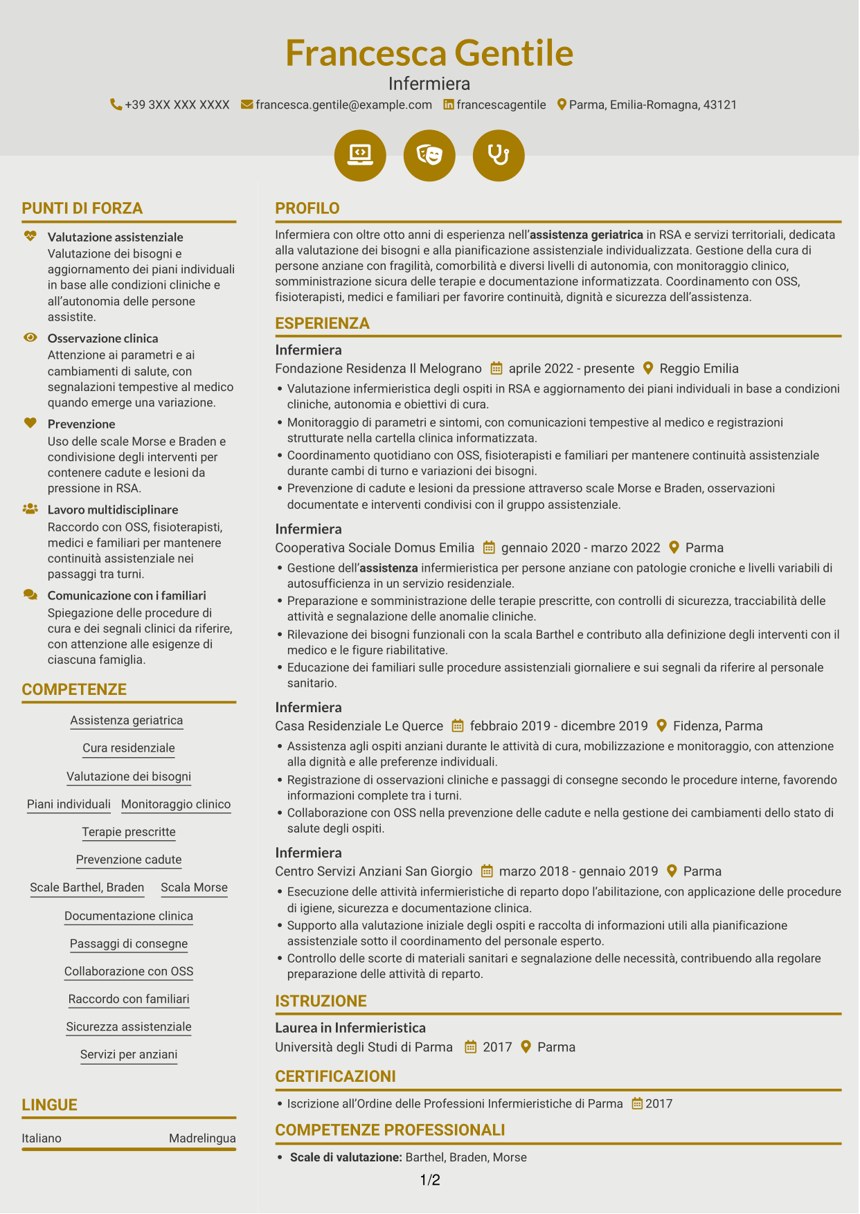CV Dinamico (formato a due colonne con icone): Infermiere - Assistenza geriatrica, pagina 1