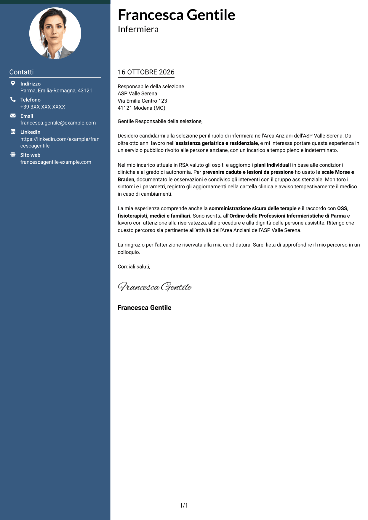 Lettera di presentazione Elegante (formato con colonna laterale colorata e foto): Infermiere - Assistenza geriatrica, pagina 1