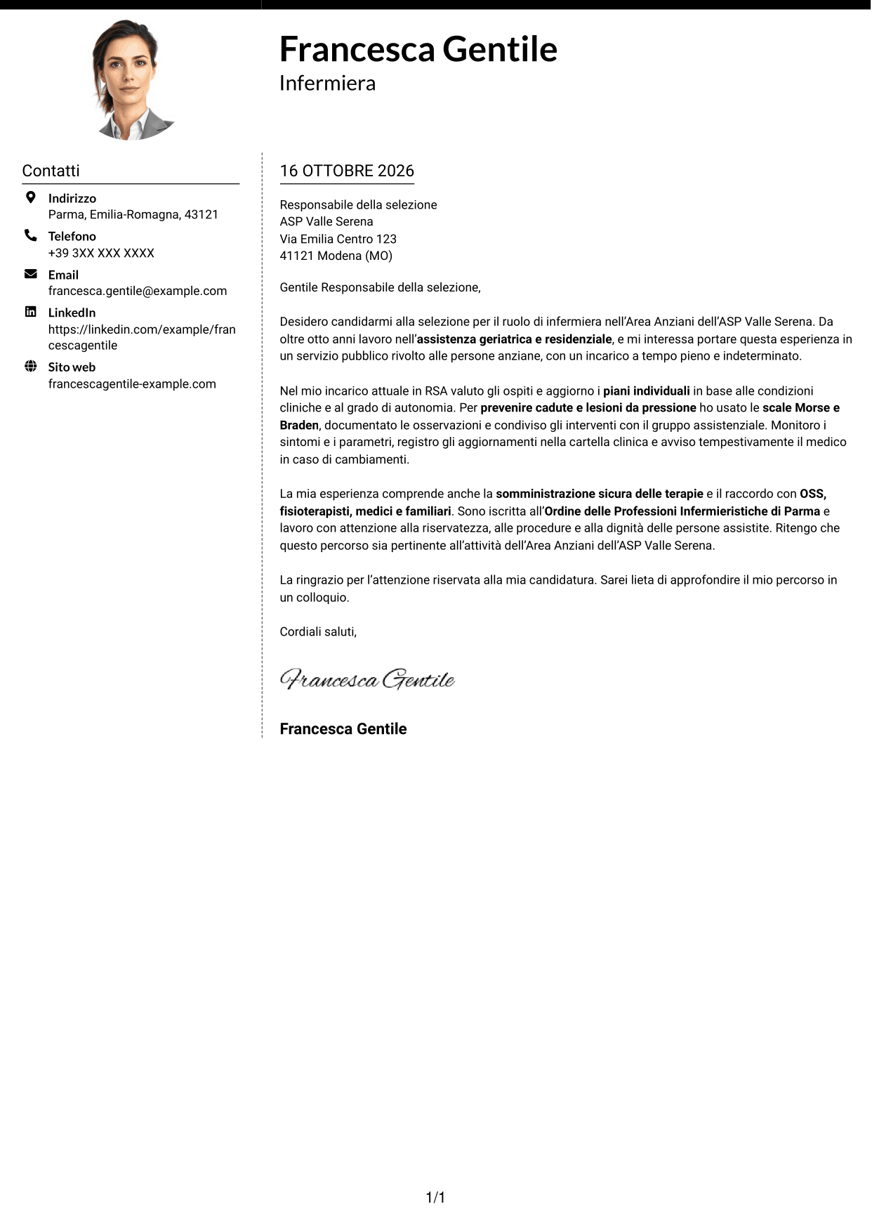 Lettera di presentazione Moderno (formato a due colonne con foto a sinistra e separatore): Infermiere - Assistenza geriatrica, pagina 1