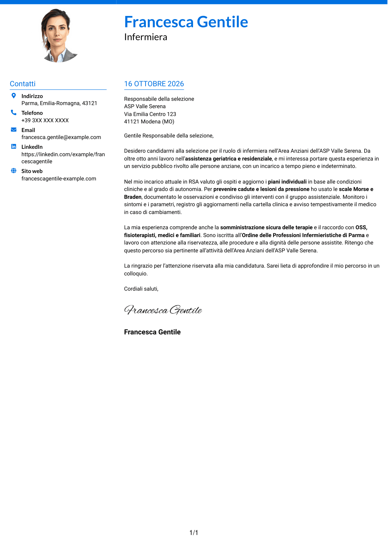 Lettera di presentazione Audace (formato a due colonne con accenti colorati e foto): Infermiere - Assistenza geriatrica, pagina 1