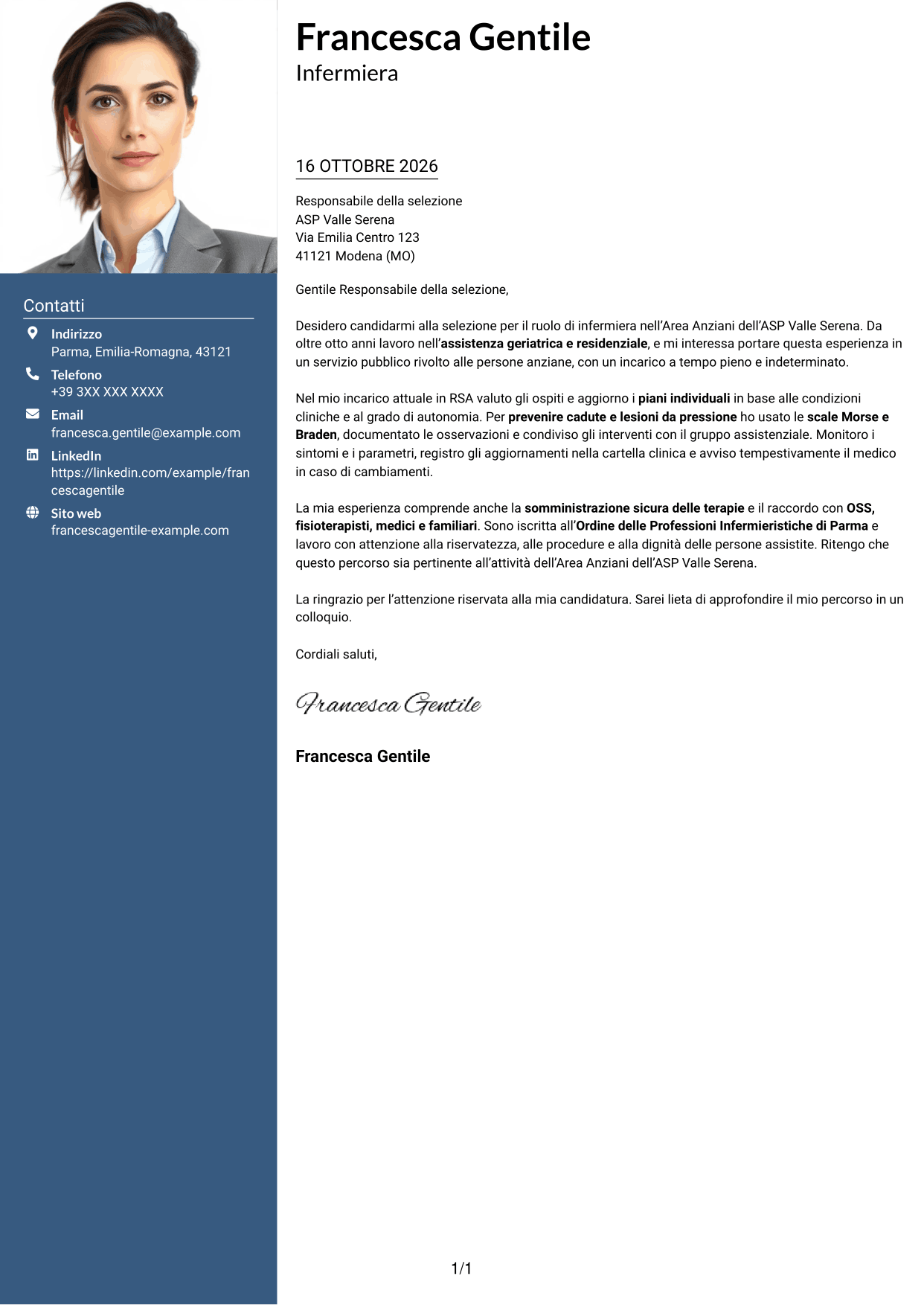 Lettera di presentazione Signature (formato con colonna laterale colorata e foto grande): Infermiere - Assistenza geriatrica, pagina 1