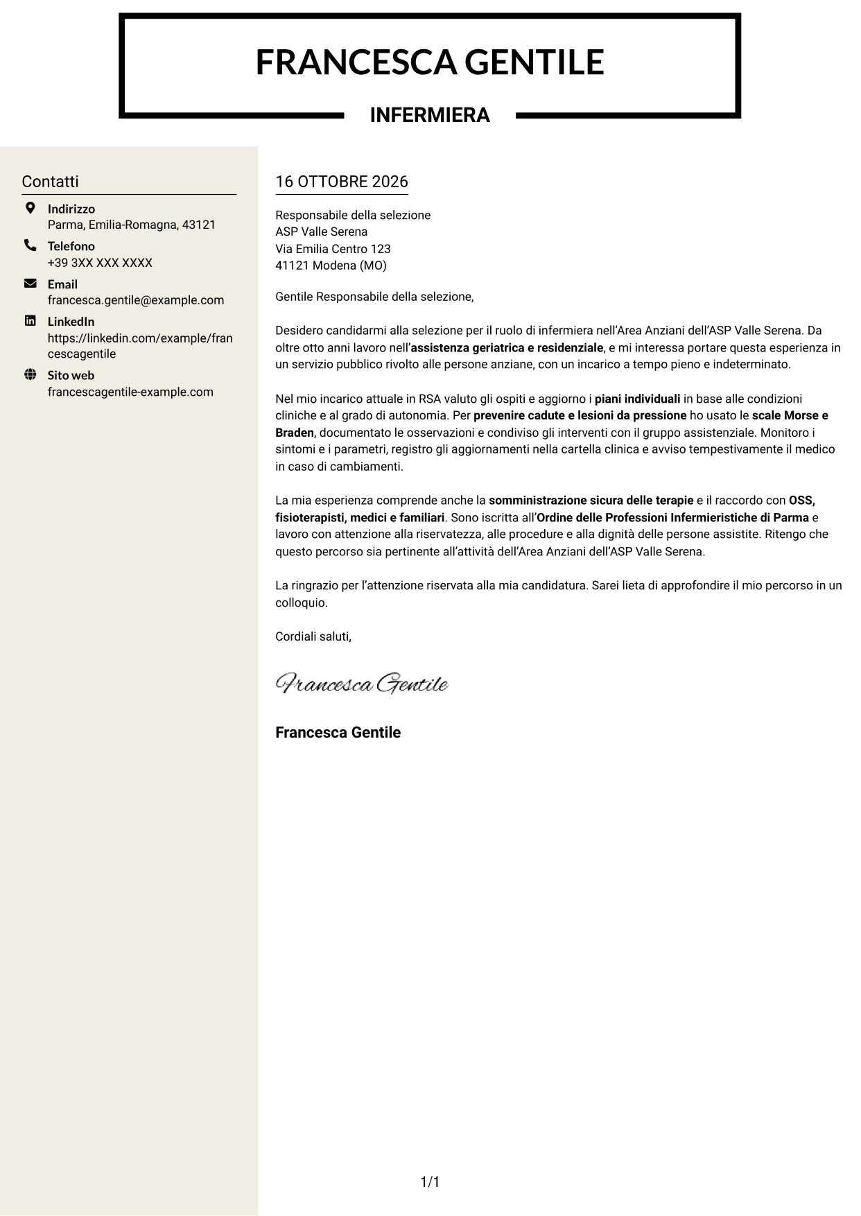 Lettera di presentazione Intraprendente (formato a due colonne con intestazione centrata senza foto): Infermiere - Assistenza geriatrica, pagina 1