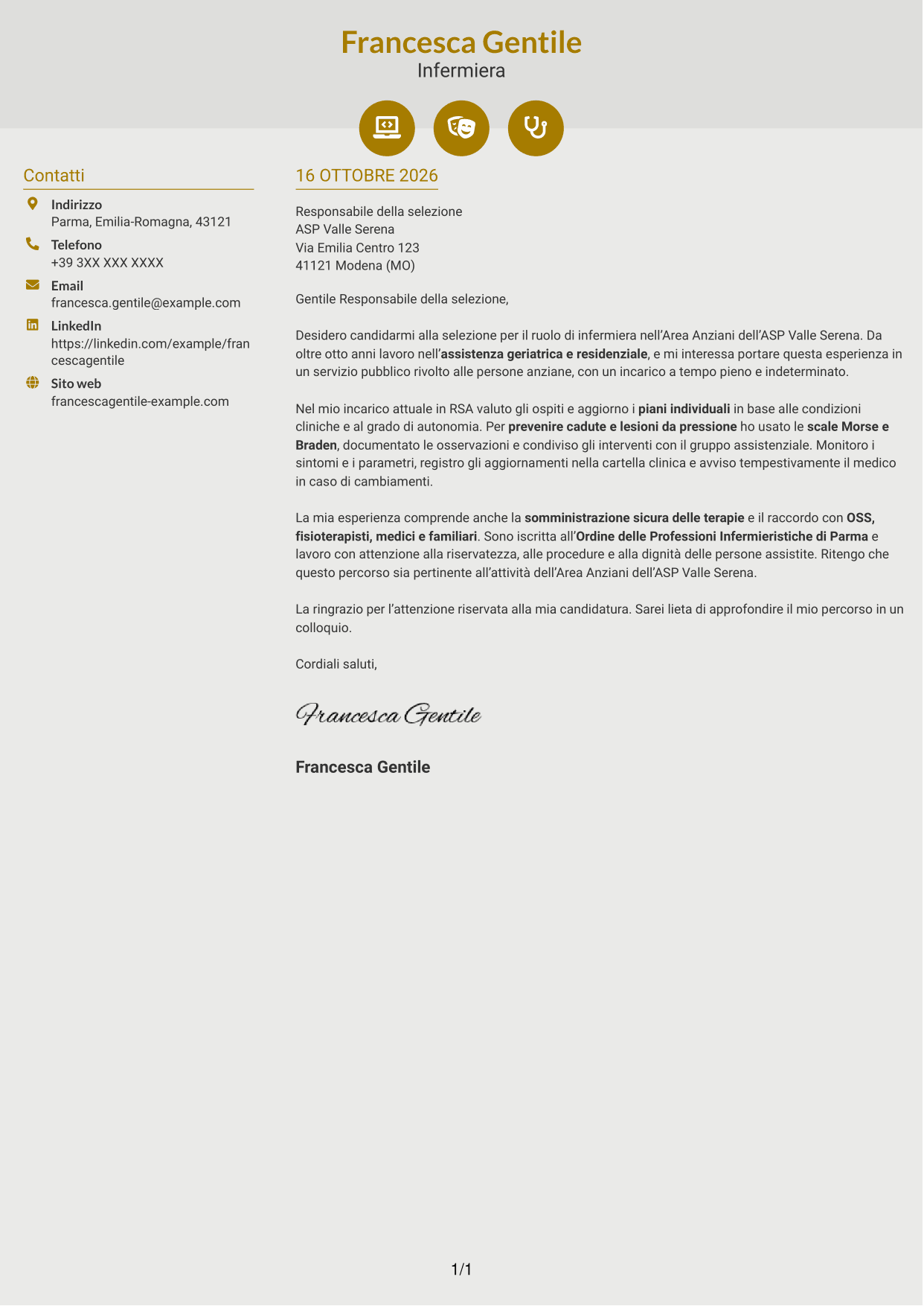 Lettera di presentazione Dinamico (formato a due colonne con icone): Infermiere - Assistenza geriatrica, pagina 1