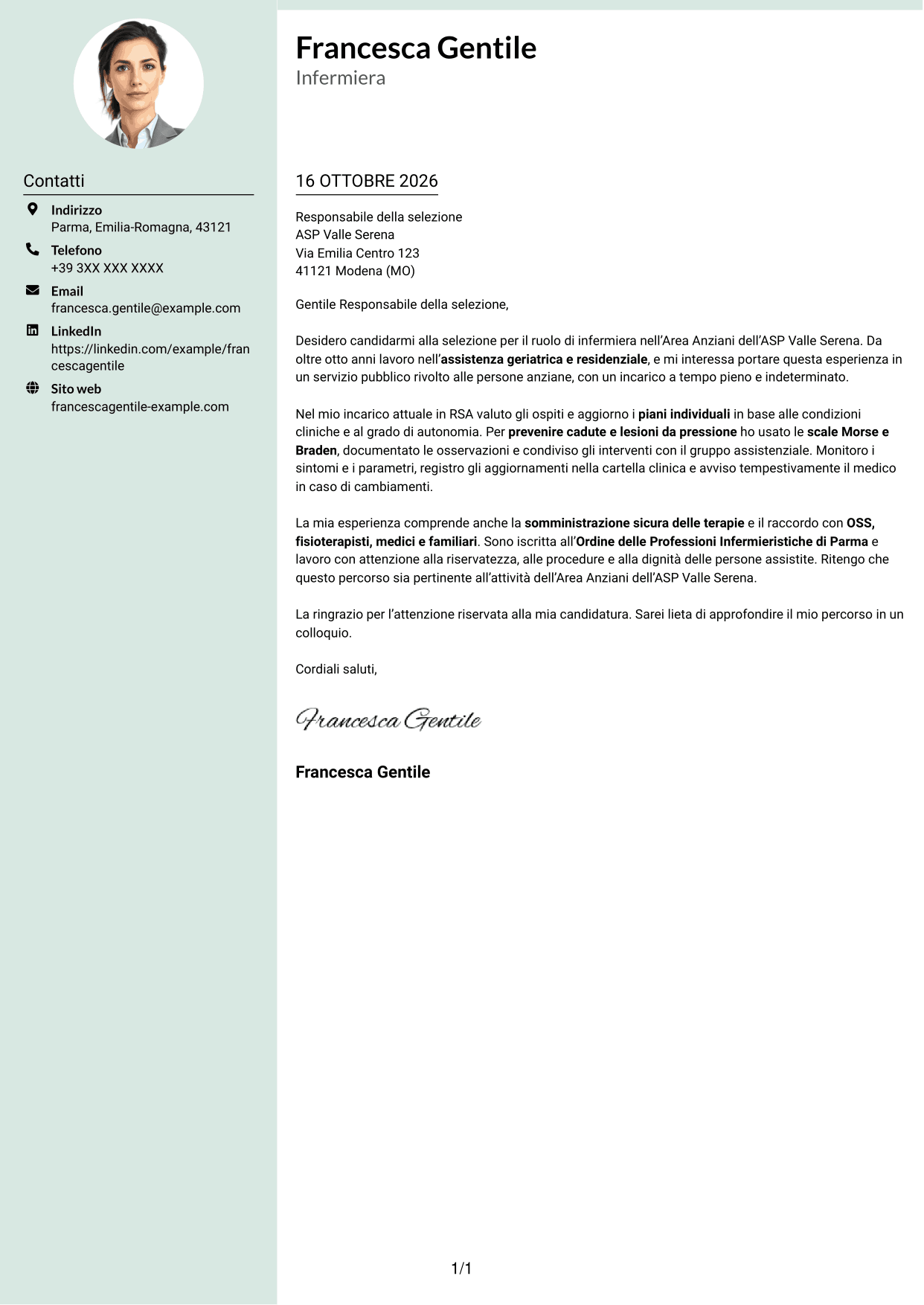 Lettera di presentazione Dirigente (formato con colonna laterale tenue e foto arrotondata): Infermiere - Assistenza geriatrica, pagina 1