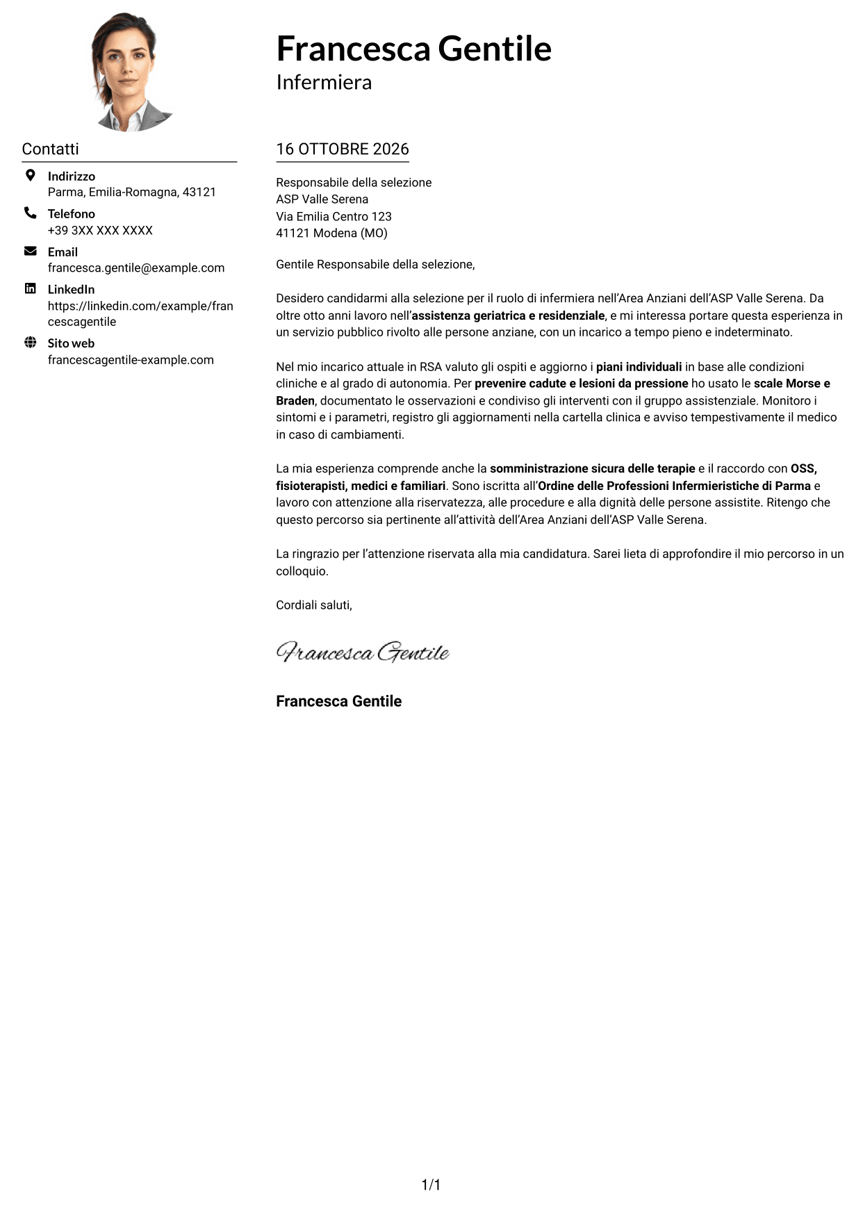 Esempio di lettera di presentazione — pagina 1