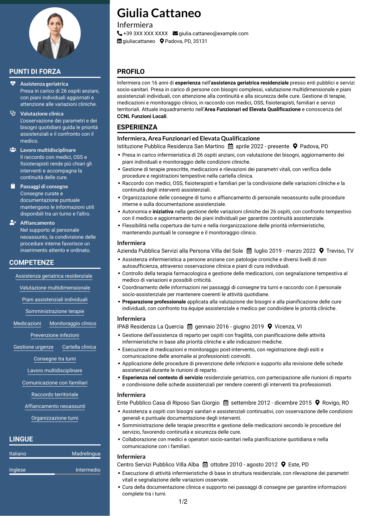 CV Elegante (formato con colonna laterale colorata e foto): Infermiere - Assistenza geriatrica residenziale, pagina 1