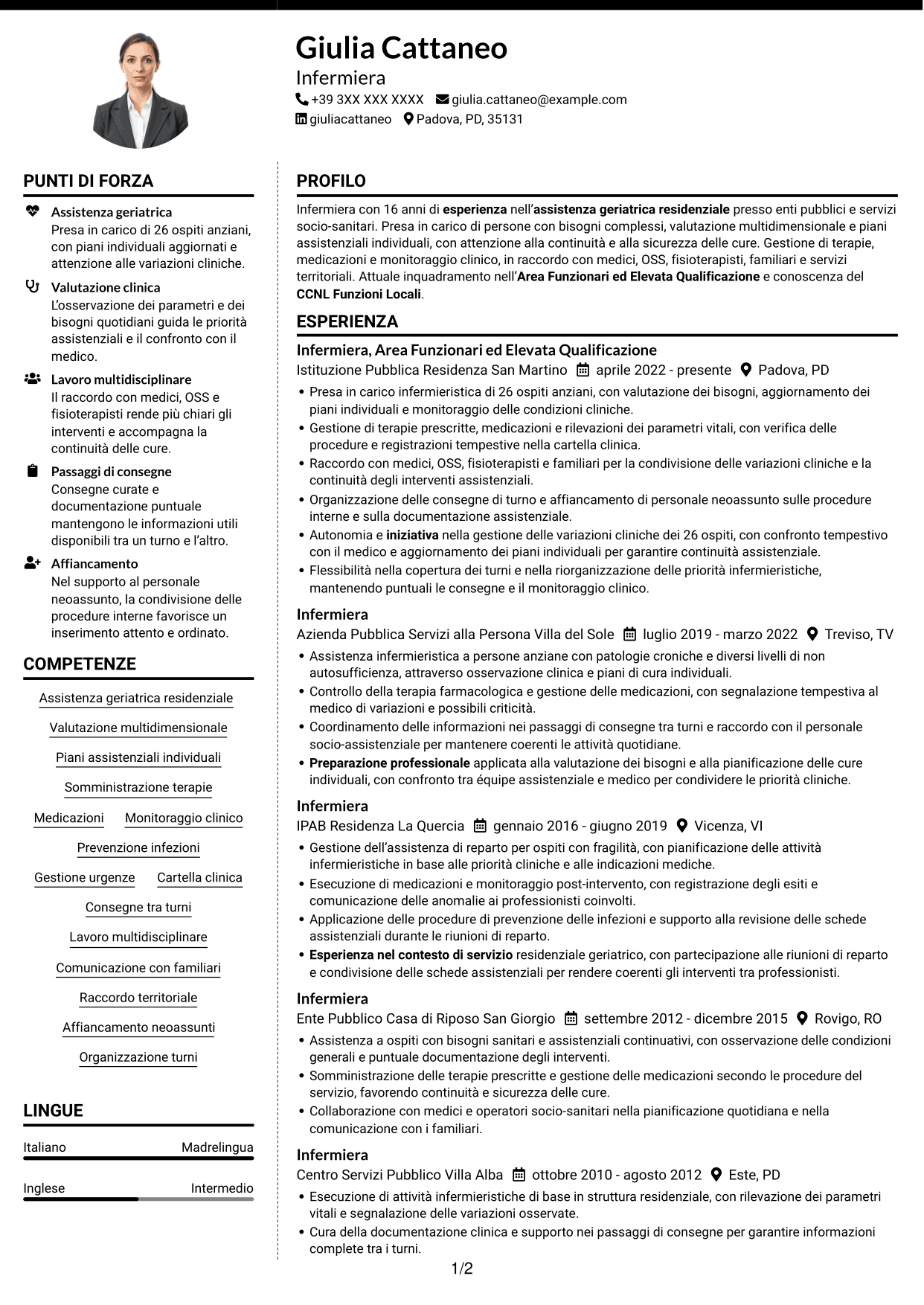 CV Moderno (formato a due colonne con foto a sinistra e separatore): Infermiere - Assistenza geriatrica residenziale, pagina 1