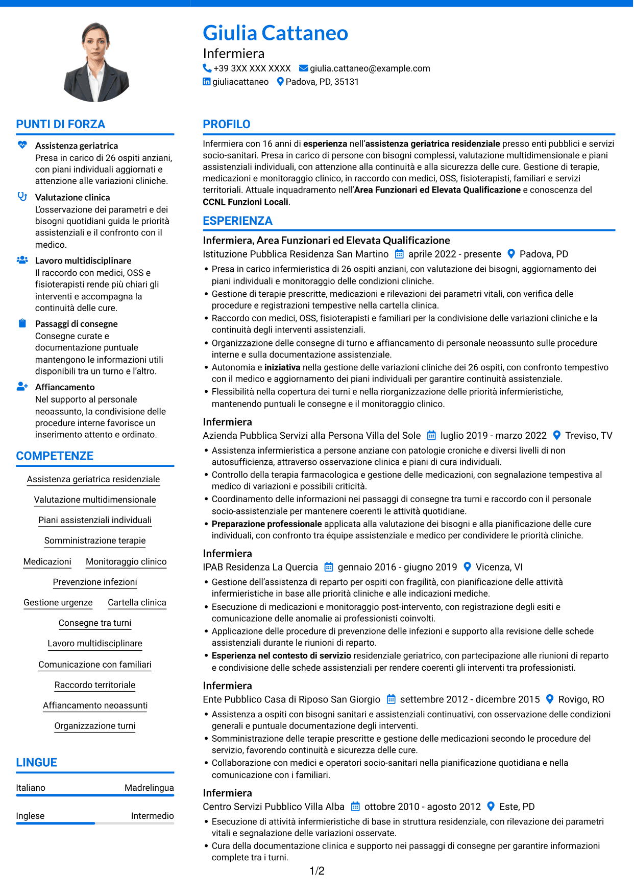 CV Audace (formato a due colonne con accenti colorati e foto): Infermiere - Assistenza geriatrica residenziale, pagina 1