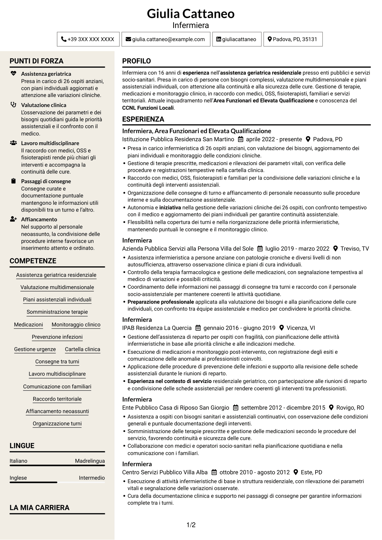 CV Intraprendente (formato a due colonne con intestazione centrata senza foto): Infermiere - Assistenza geriatrica residenziale, pagina 1