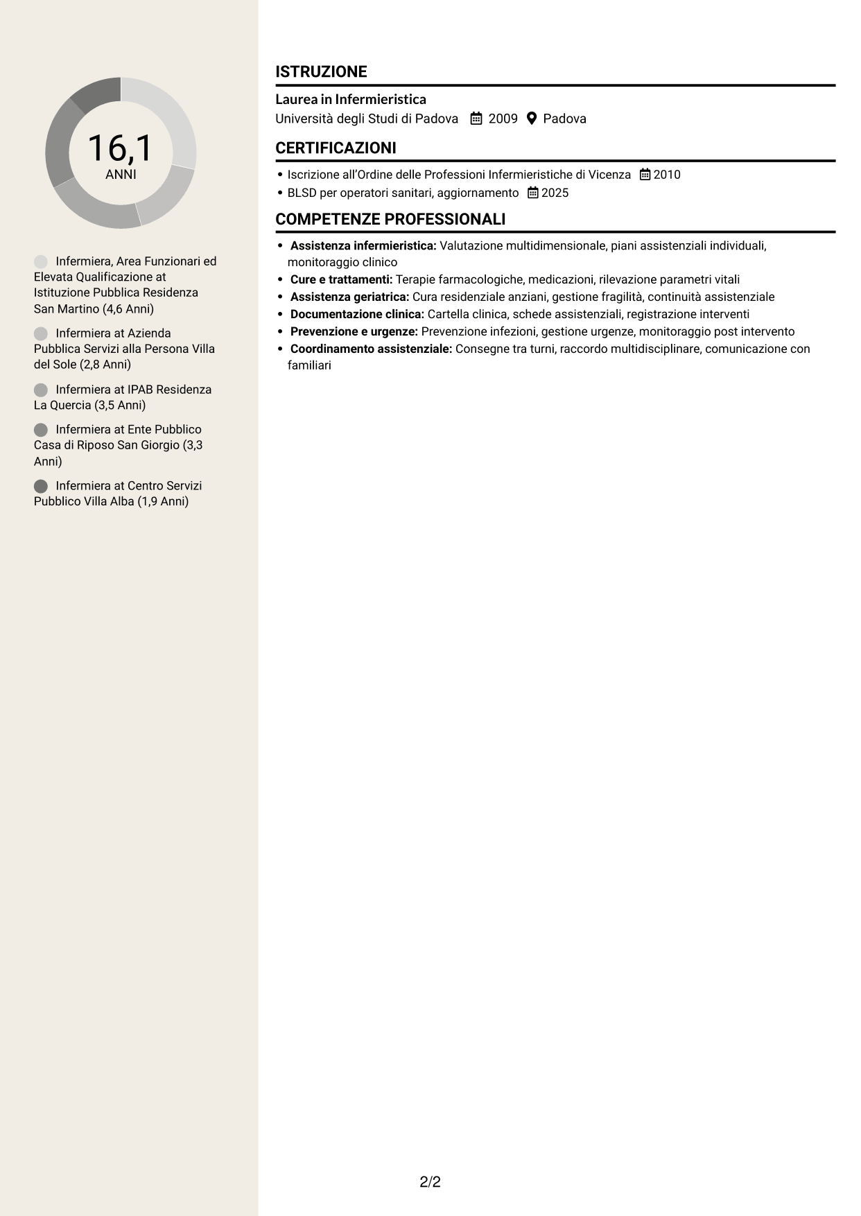 CV Intraprendente (formato a due colonne con intestazione centrata senza foto): Infermiere - Assistenza geriatrica residenziale, pagina 2
