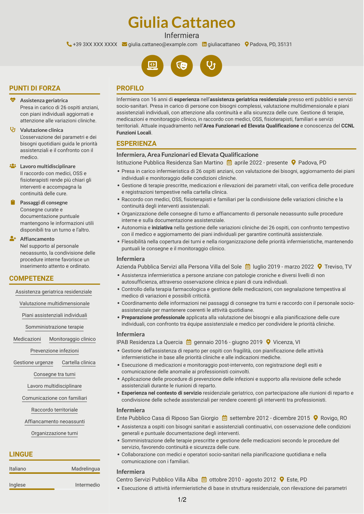CV Dinamico (formato a due colonne con icone): Infermiere - Assistenza geriatrica residenziale, pagina 1