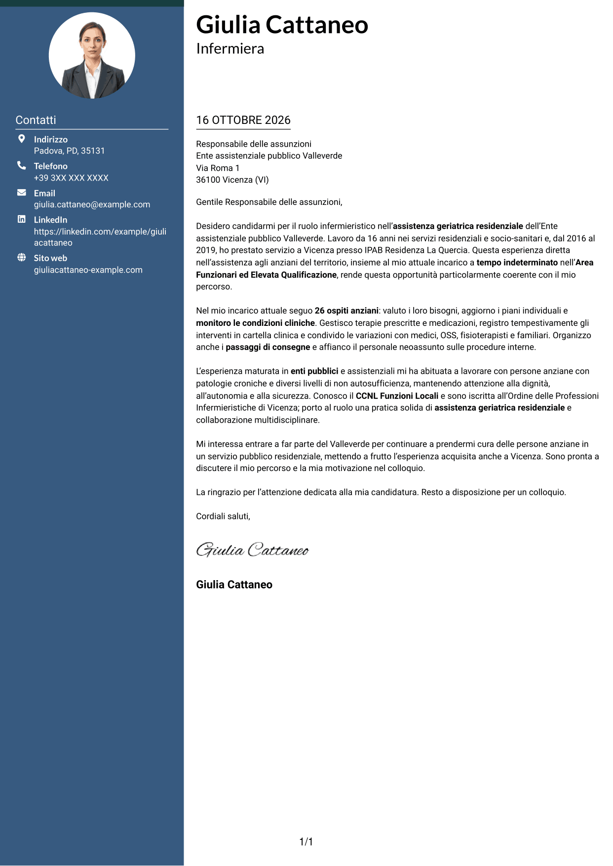 Lettera di presentazione Elegante (formato con colonna laterale colorata e foto): Infermiere - Assistenza geriatrica residenziale, pagina 1
