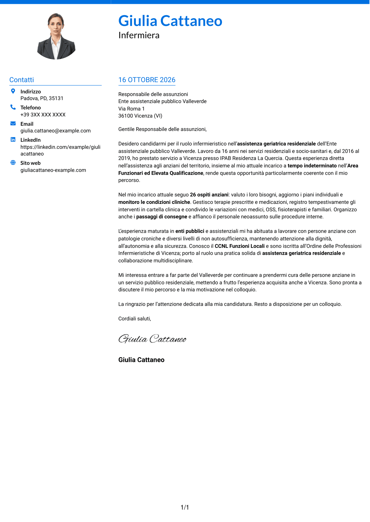 Lettera di presentazione Audace (formato a due colonne con accenti colorati e foto): Infermiere - Assistenza geriatrica residenziale, pagina 1