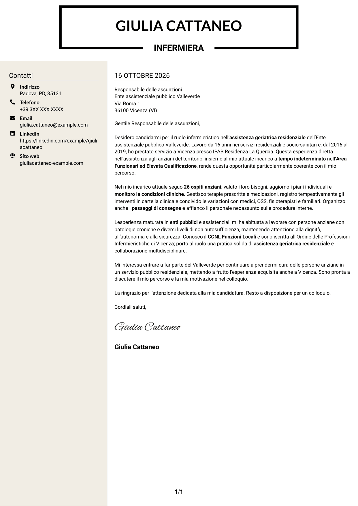 Lettera di presentazione Intraprendente (formato a due colonne con intestazione centrata senza foto): Infermiere - Assistenza geriatrica residenziale, pagina 1
