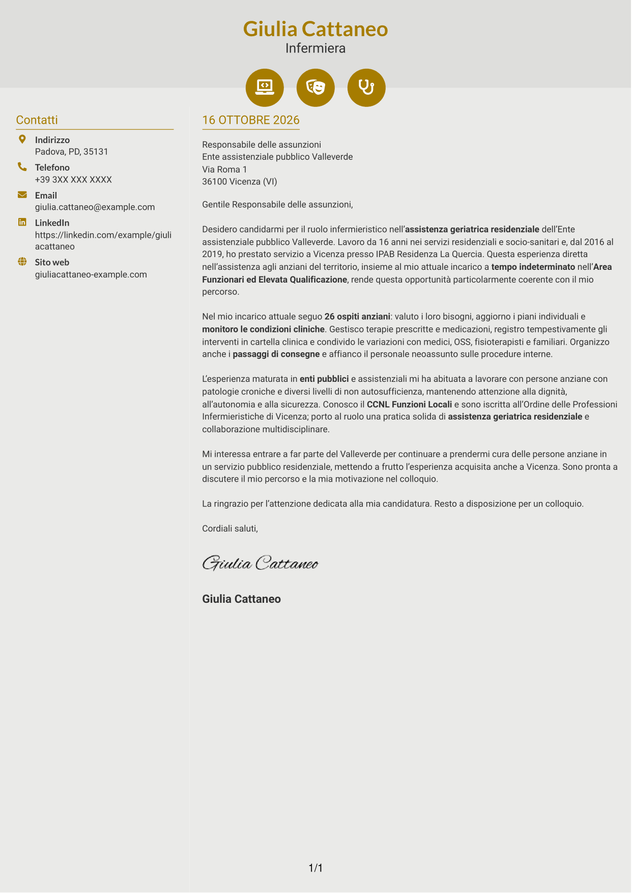 Lettera di presentazione Dinamico (formato a due colonne con icone): Infermiere - Assistenza geriatrica residenziale, pagina 1