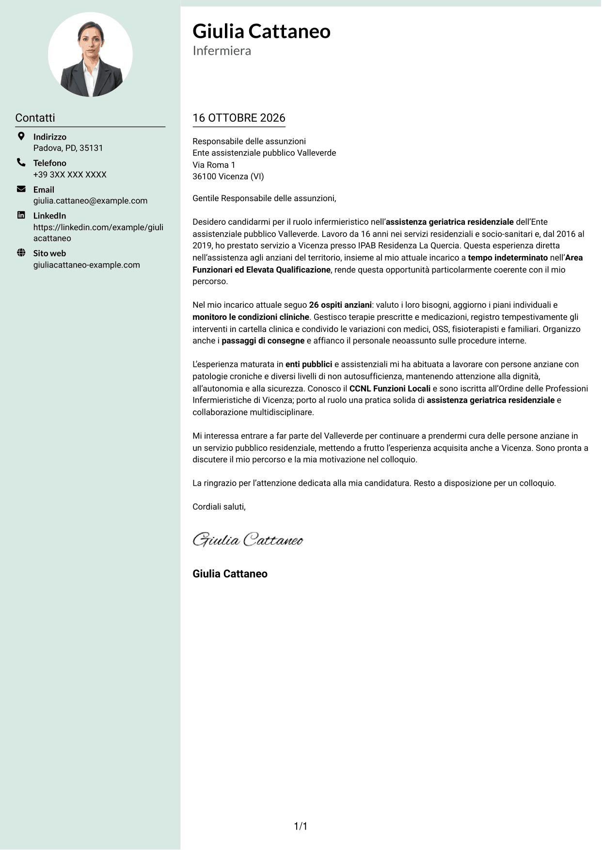 Lettera di presentazione Dirigente (formato con colonna laterale tenue e foto arrotondata): Infermiere - Assistenza geriatrica residenziale, pagina 1