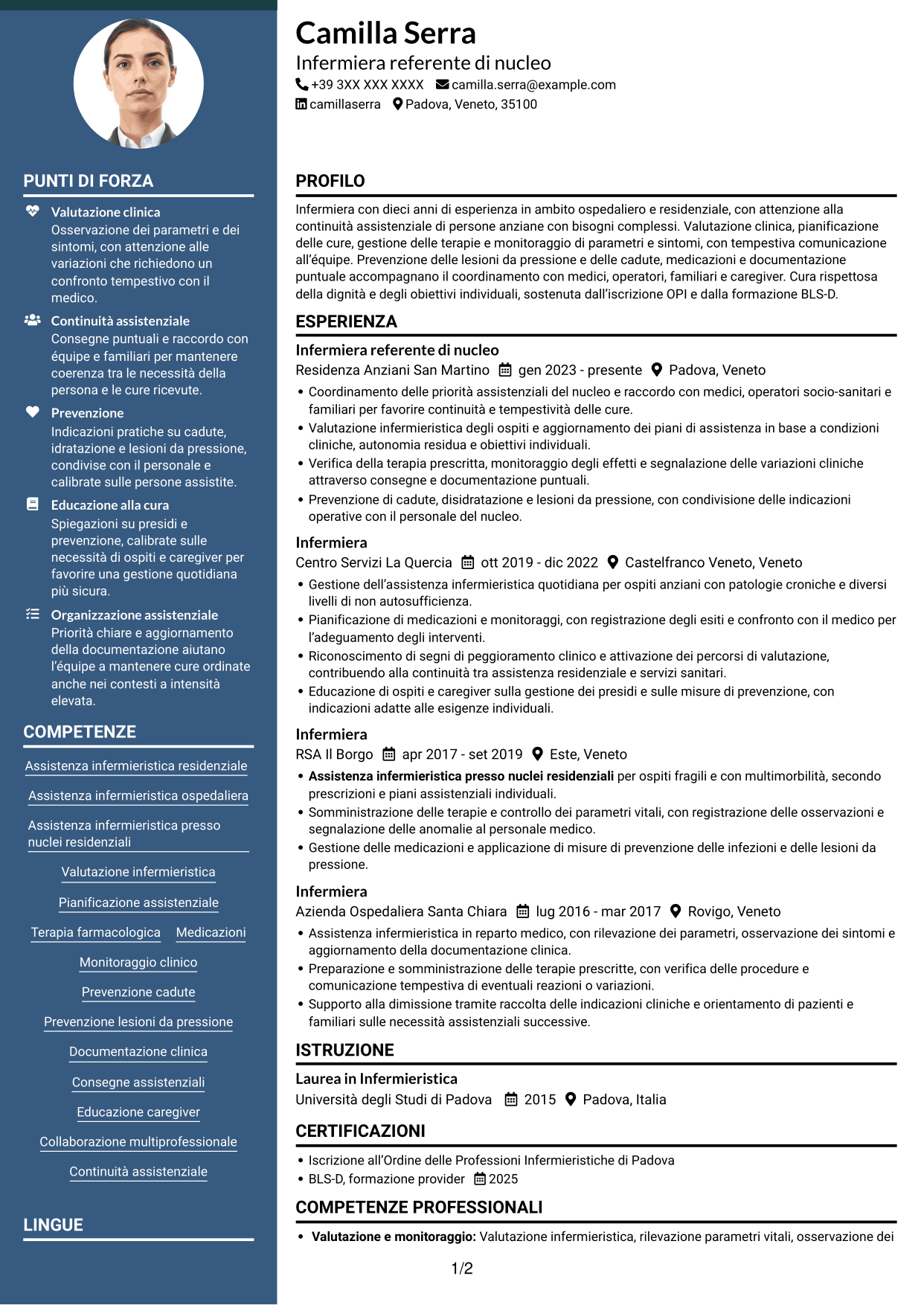 CV Elegante (formato con colonna laterale colorata e foto): Infermiere - Assistenza infermieristica residenziale, pagina 1