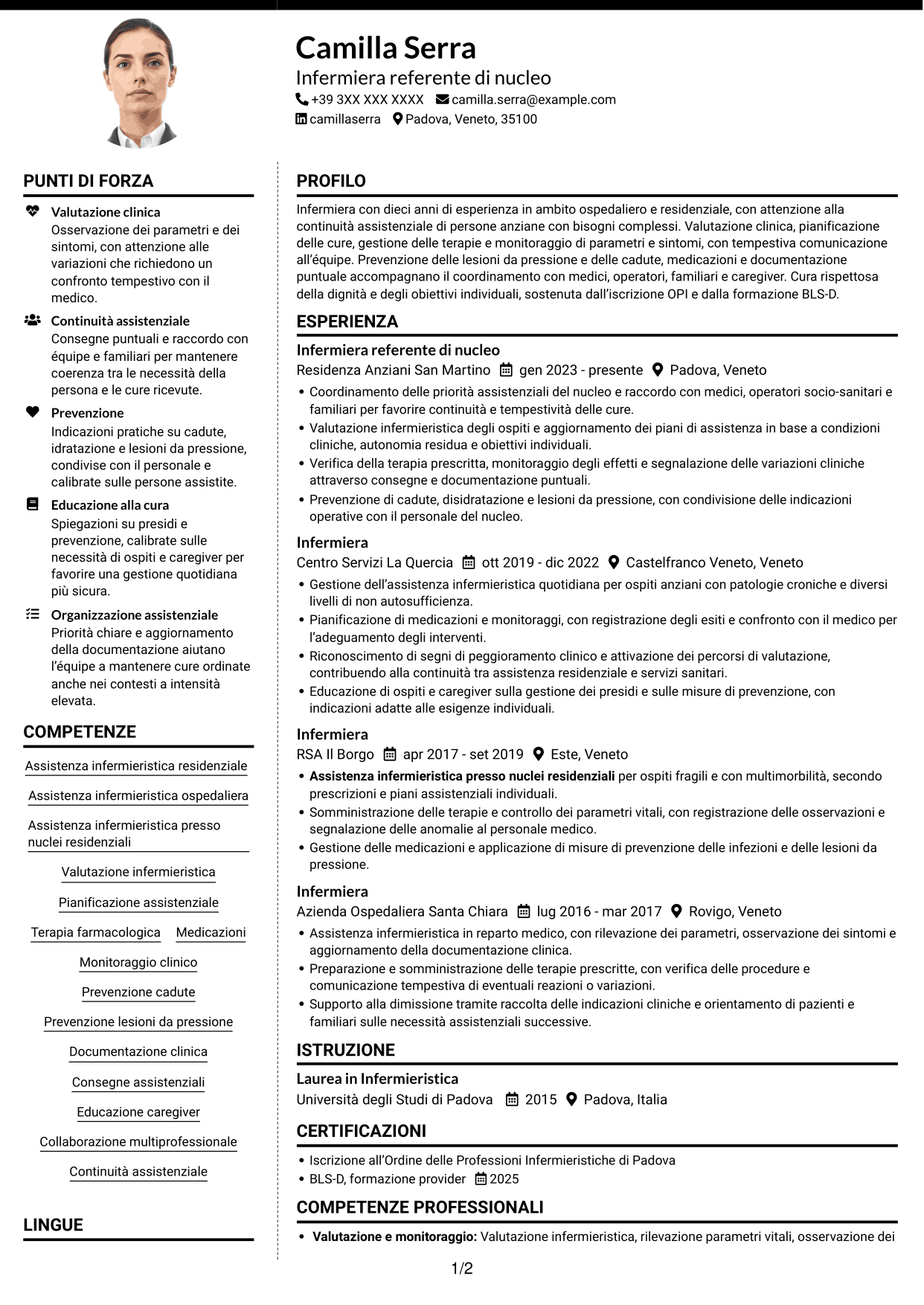 CV Moderno (formato a due colonne con foto a sinistra e separatore): Infermiere - Assistenza infermieristica residenziale, pagina 1