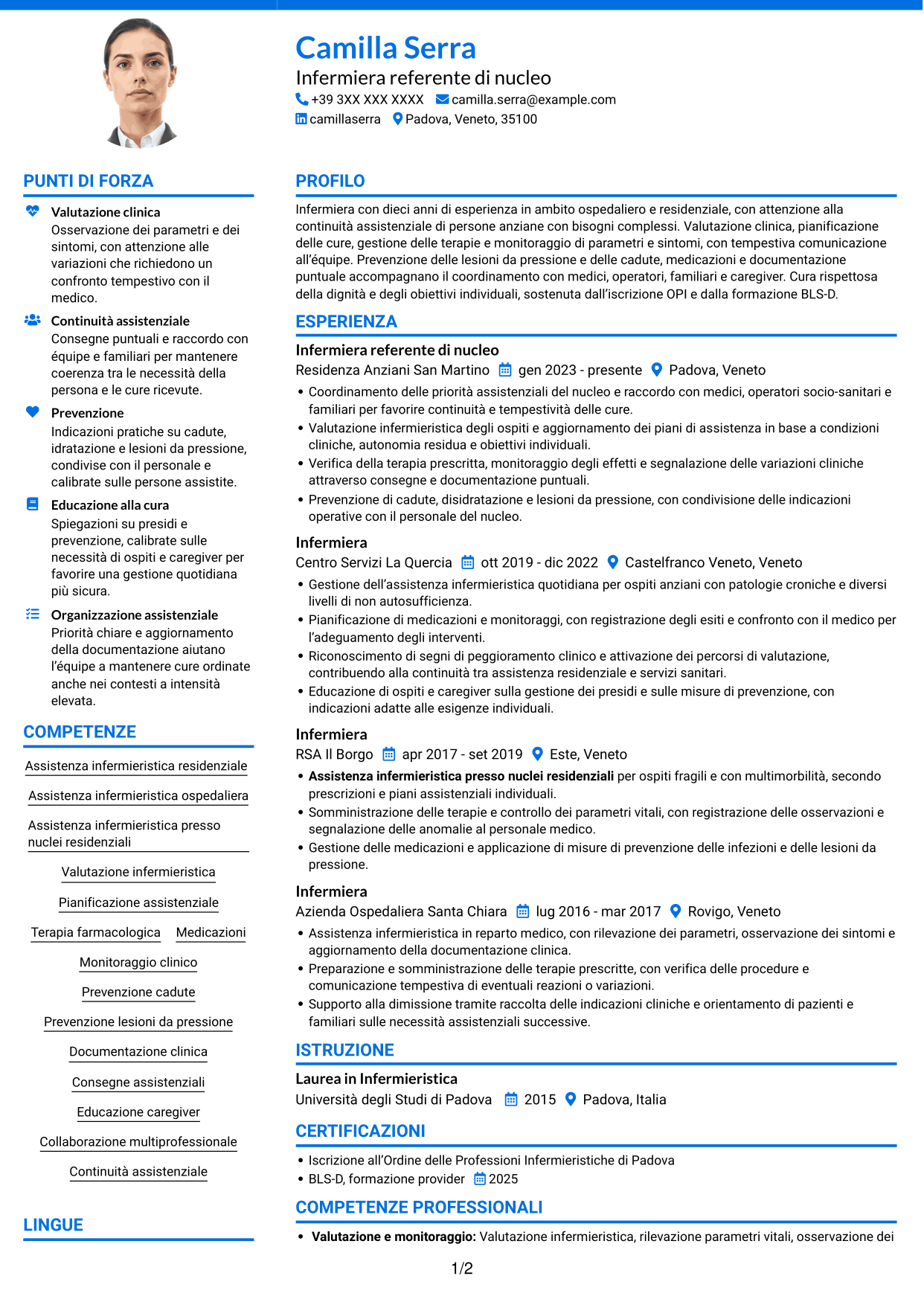 CV Audace (formato a due colonne con accenti colorati e foto): Infermiere - Assistenza infermieristica residenziale, pagina 1