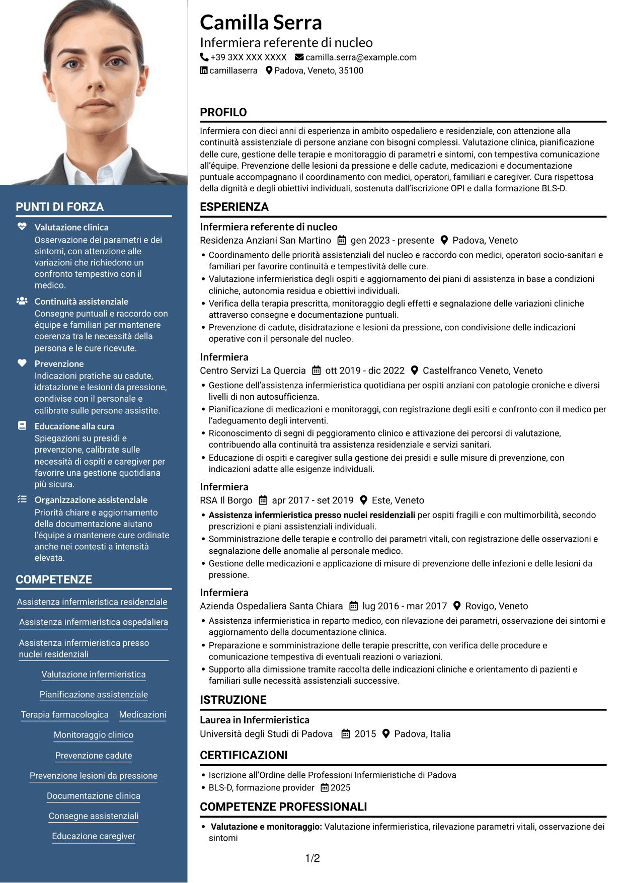 CV Signature (formato con colonna laterale colorata e foto grande): Infermiere - Assistenza infermieristica residenziale, pagina 1