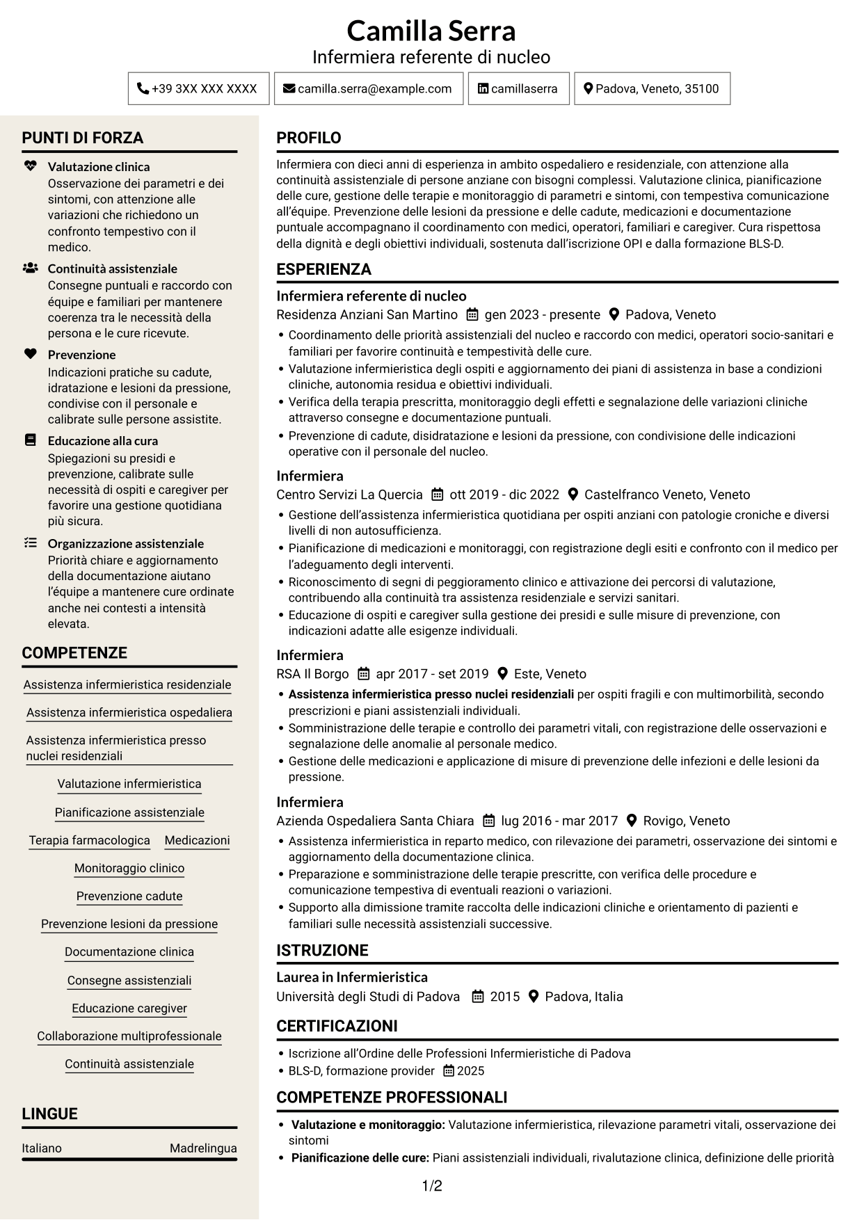 CV Intraprendente (formato a due colonne con intestazione centrata senza foto): Infermiere - Assistenza infermieristica residenziale, pagina 1