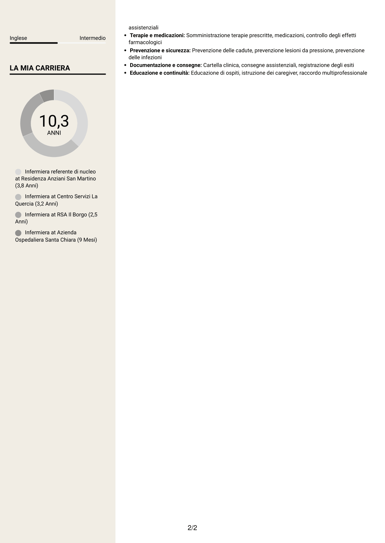 CV Intraprendente (formato a due colonne con intestazione centrata senza foto): Infermiere - Assistenza infermieristica residenziale, pagina 2