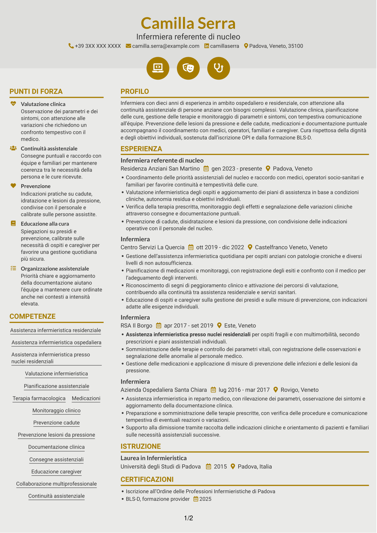 CV Dinamico (formato a due colonne con icone): Infermiere - Assistenza infermieristica residenziale, pagina 1