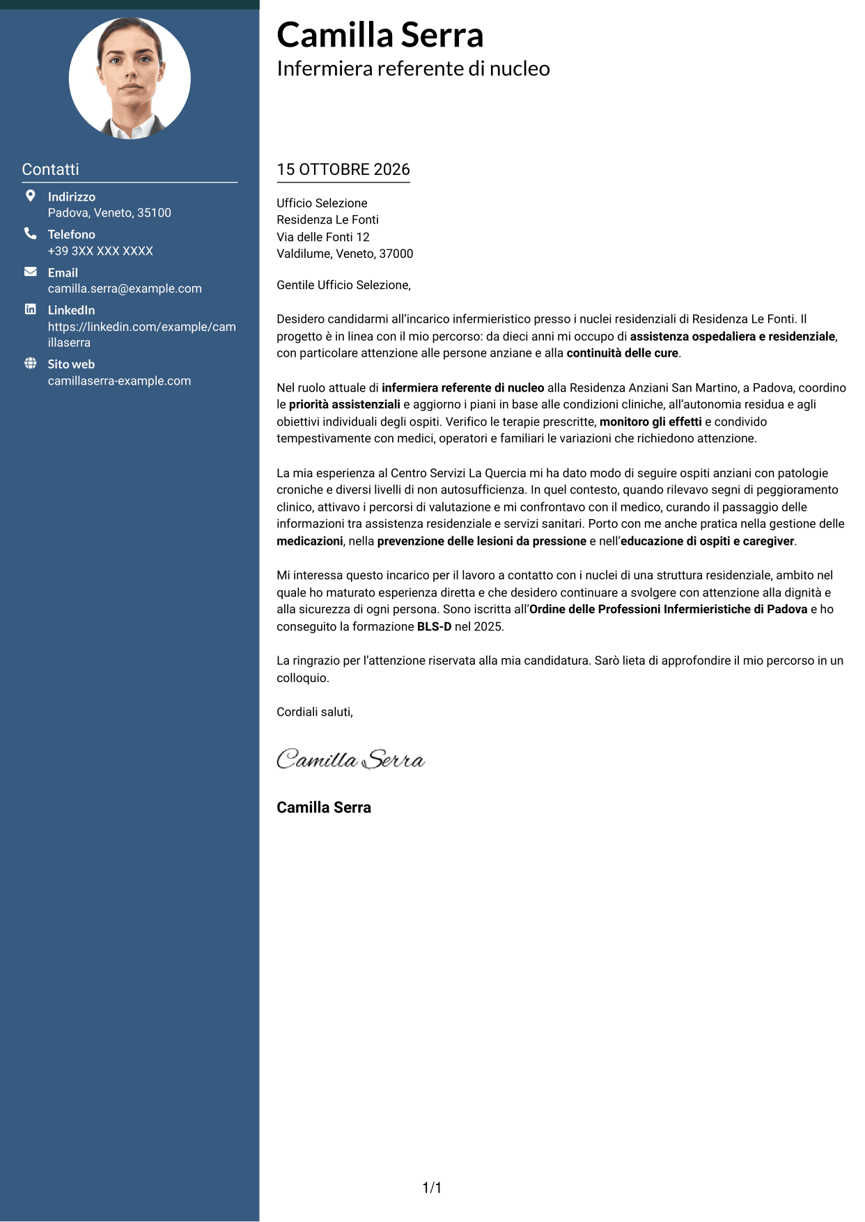 Lettera di presentazione Elegante (formato con colonna laterale colorata e foto): Infermiere - Assistenza infermieristica residenziale, pagina 1