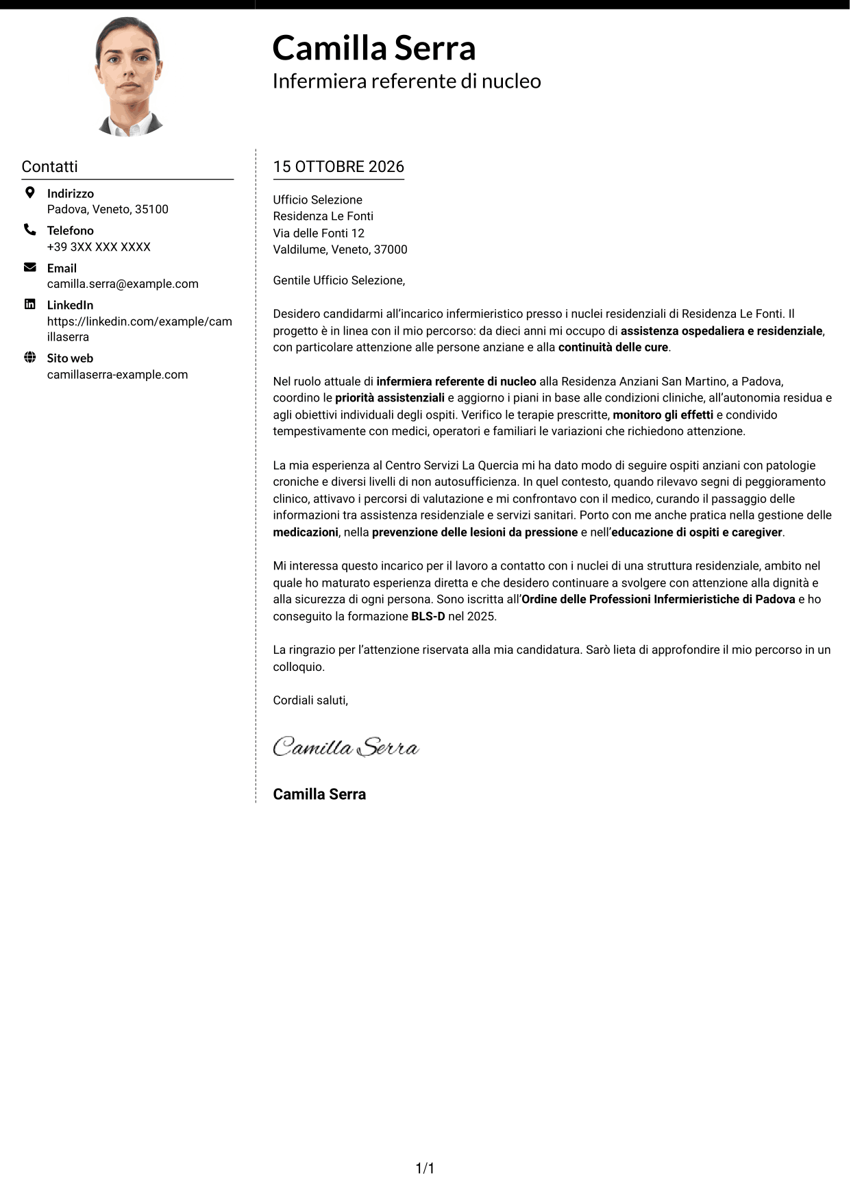 Lettera di presentazione Moderno (formato a due colonne con foto a sinistra e separatore): Infermiere - Assistenza infermieristica residenziale, pagina 1