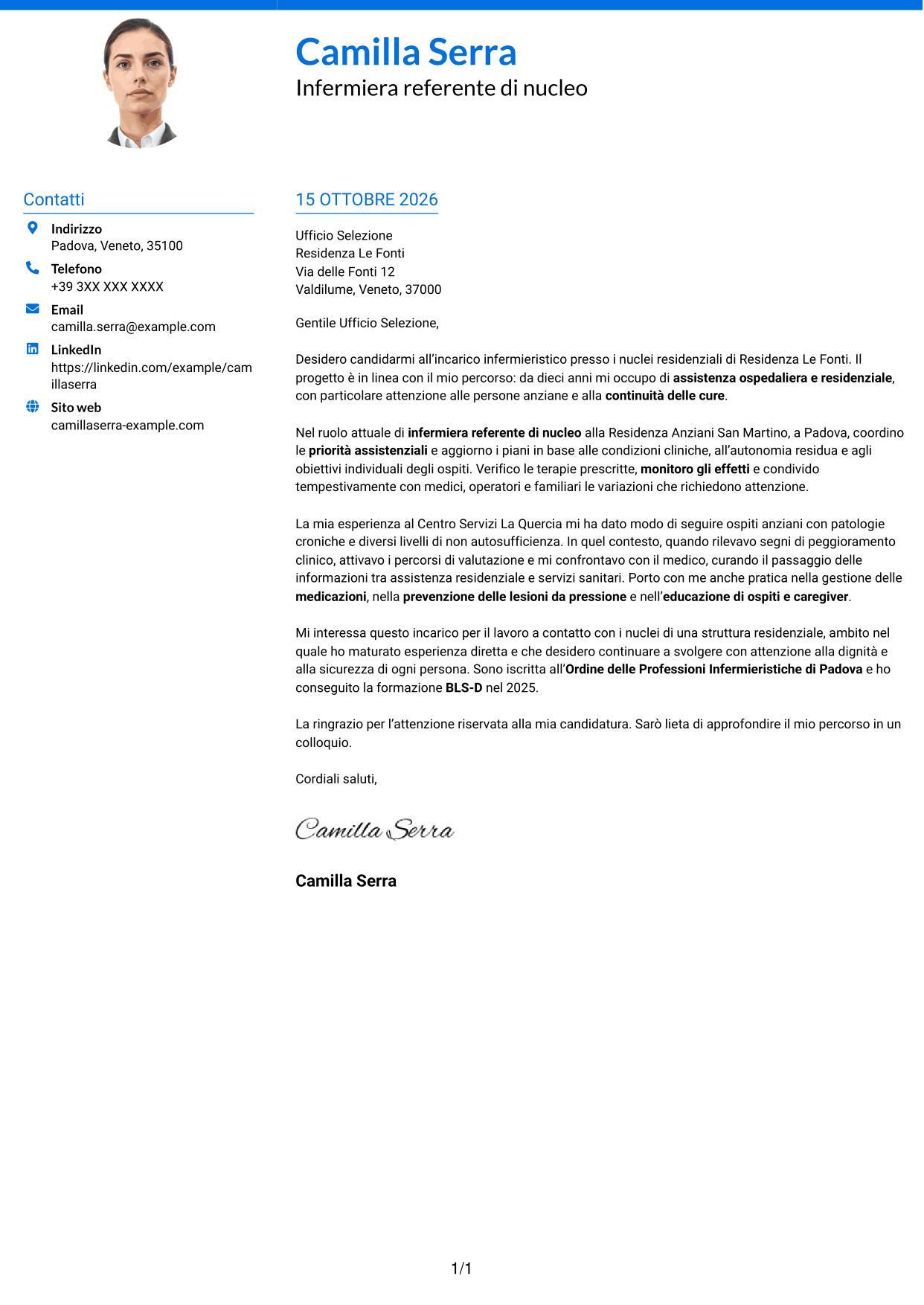 Lettera di presentazione Audace (formato a due colonne con accenti colorati e foto): Infermiere - Assistenza infermieristica residenziale, pagina 1