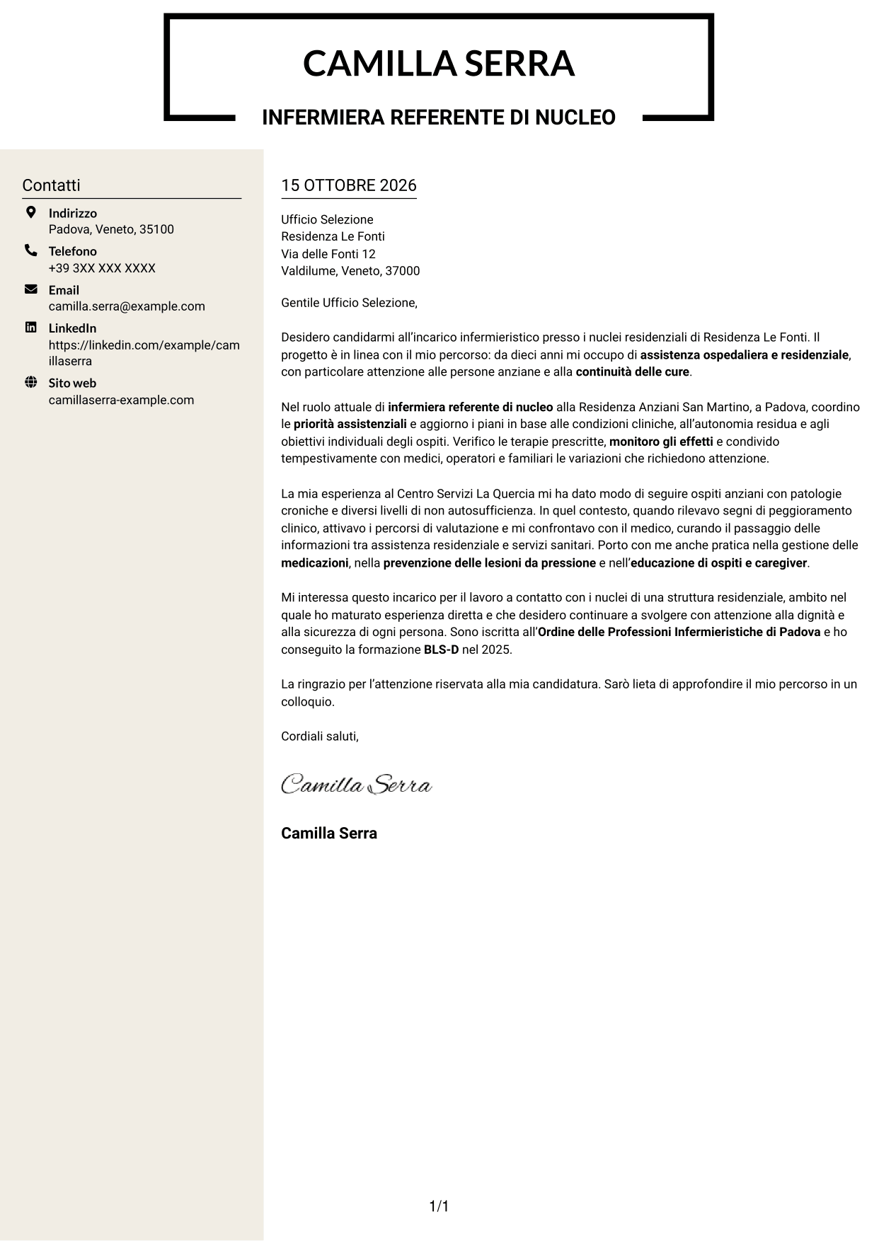 Lettera di presentazione Intraprendente (formato a due colonne con intestazione centrata senza foto): Infermiere - Assistenza infermieristica residenziale, pagina 1