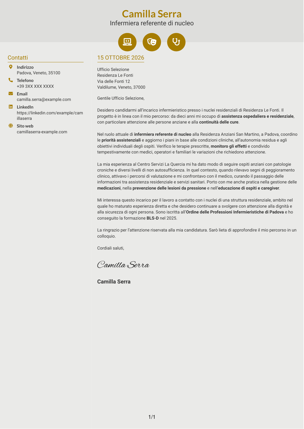 Lettera di presentazione Dinamico (formato a due colonne con icone): Infermiere - Assistenza infermieristica residenziale, pagina 1