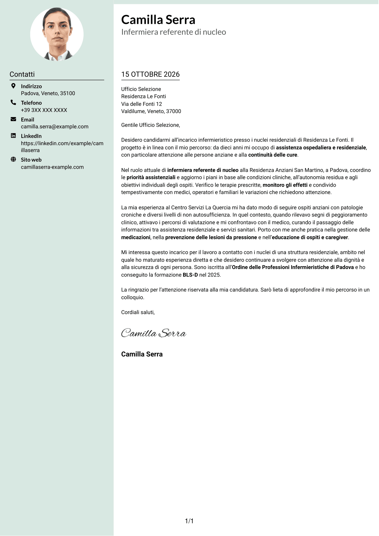 Lettera di presentazione Dirigente (formato con colonna laterale tenue e foto arrotondata): Infermiere - Assistenza infermieristica residenziale, pagina 1