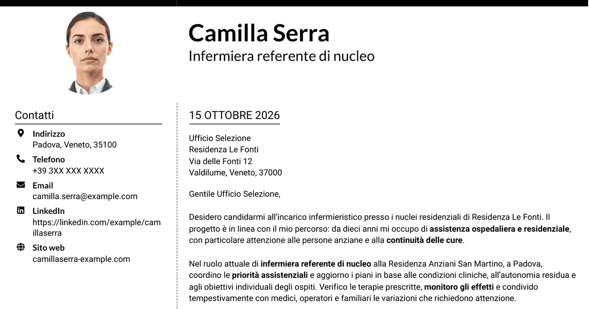 7 modelli di lettera di presentazione per Infermiere - Assistenza infermieristica residenziale, con esempi