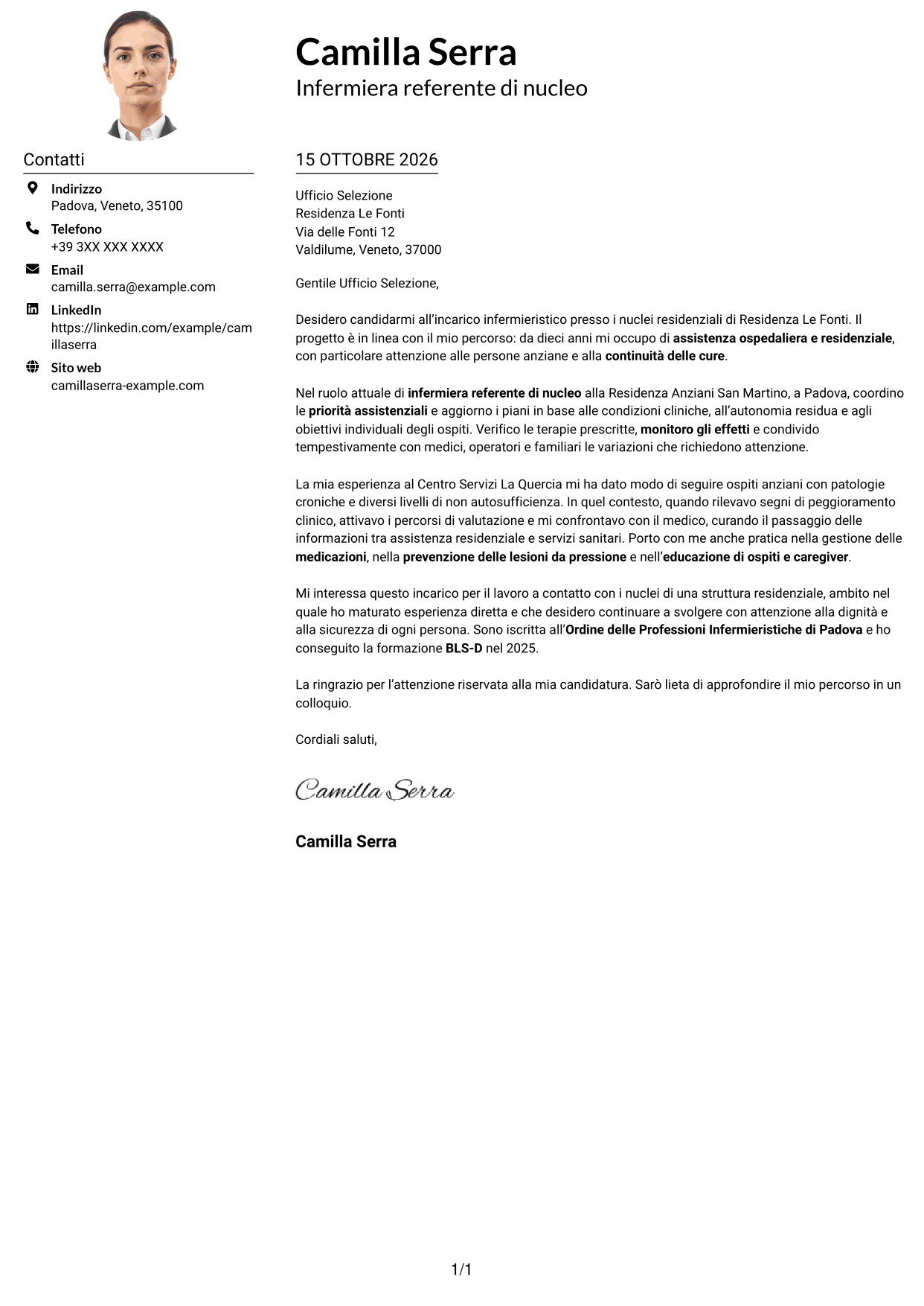 Esempio di lettera di presentazione — pagina 1