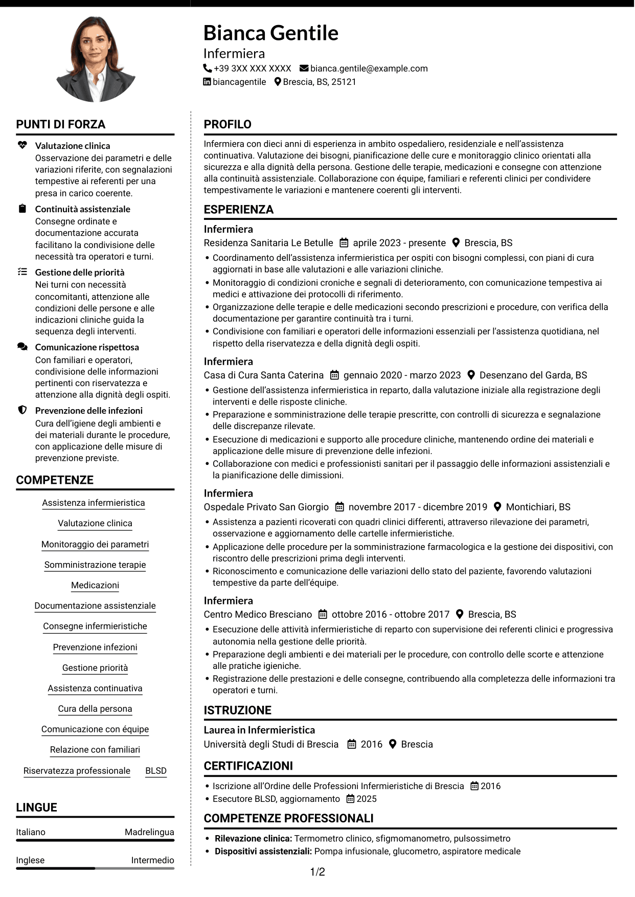CV Moderno (formato a due colonne con foto a sinistra e separatore): Infermiere, pagina 1
