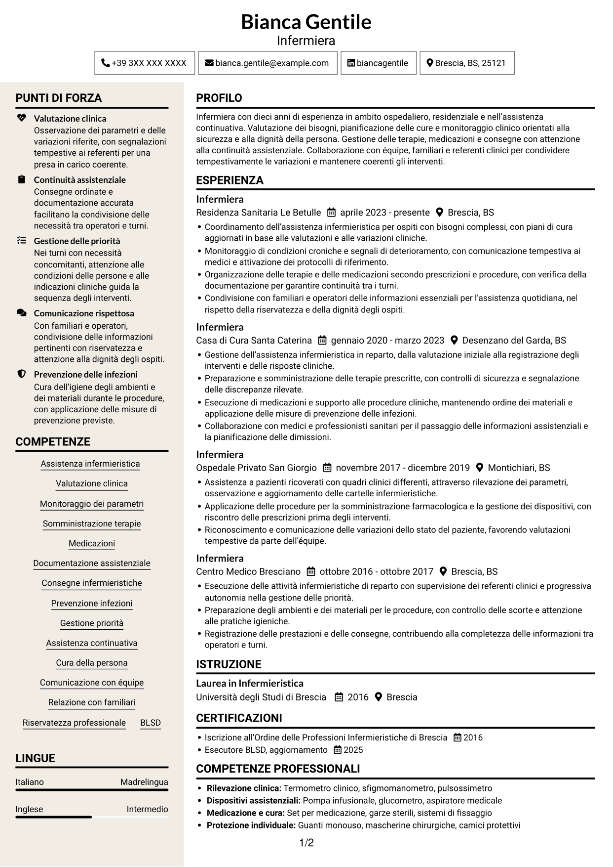 CV Intraprendente (formato a due colonne con intestazione centrata senza foto): Infermiere, pagina 1