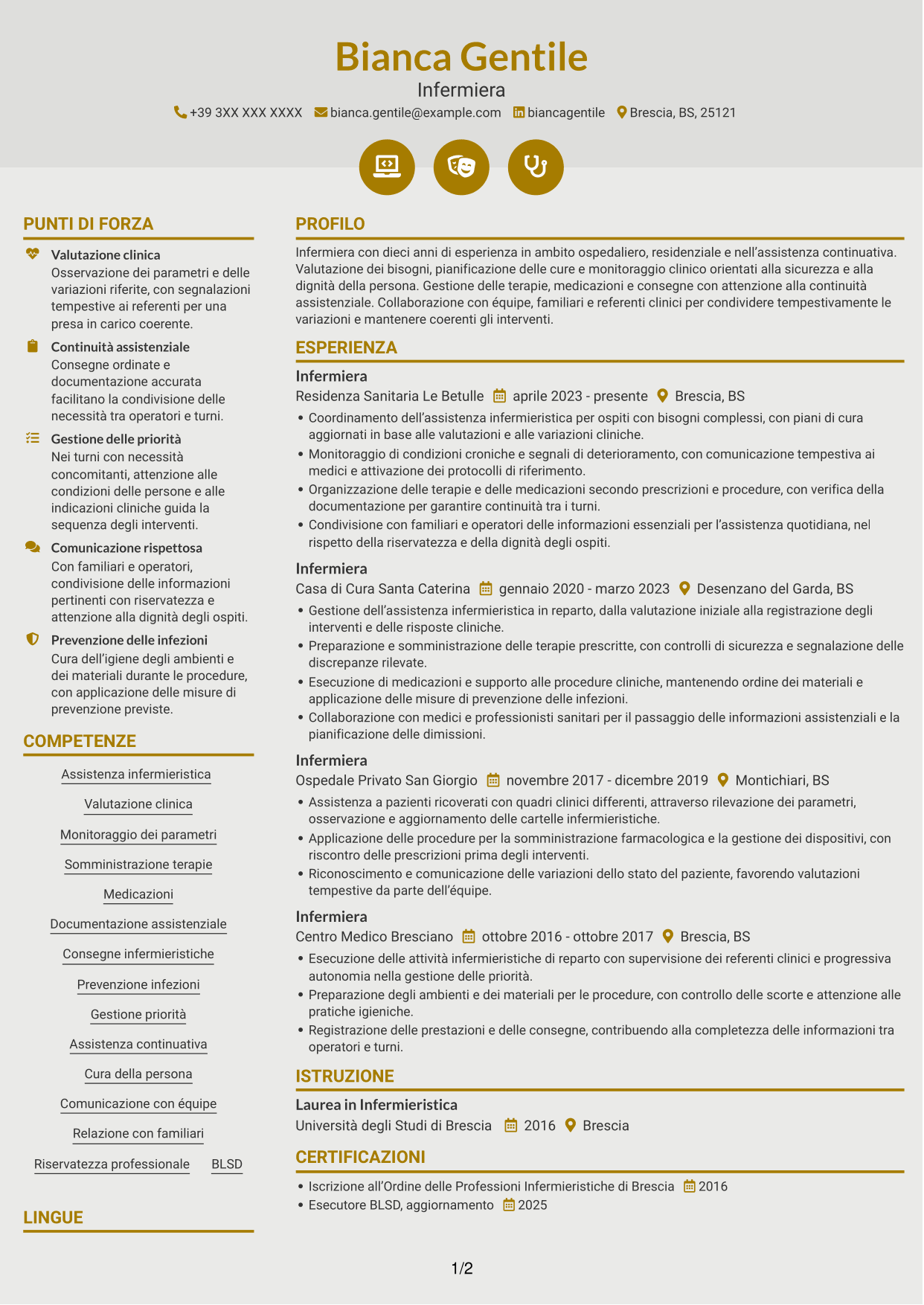 CV Dinamico (formato a due colonne con icone): Infermiere, pagina 1